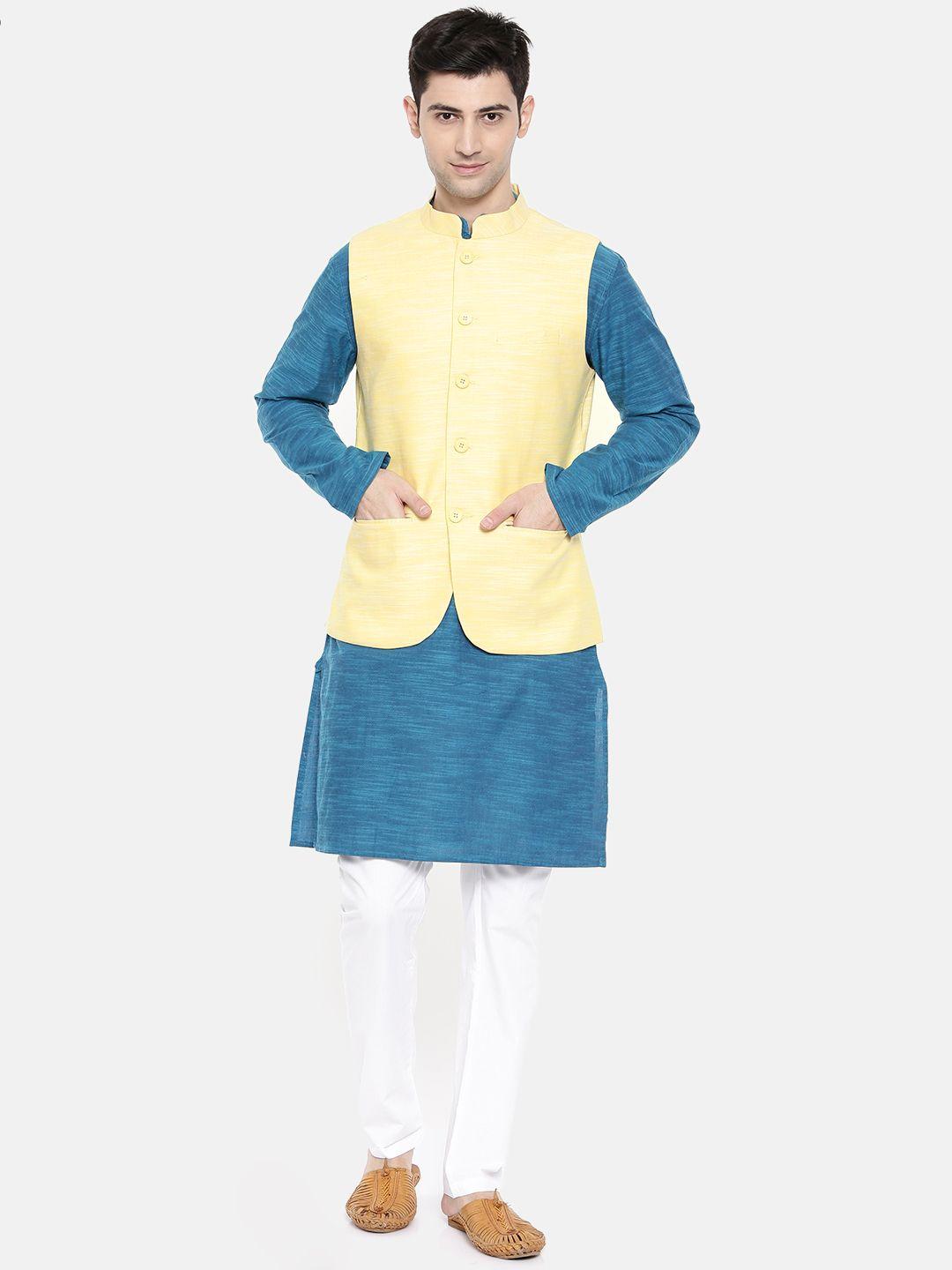 freehand men yellow & white solid kurta with pyjamas & nehru jacket