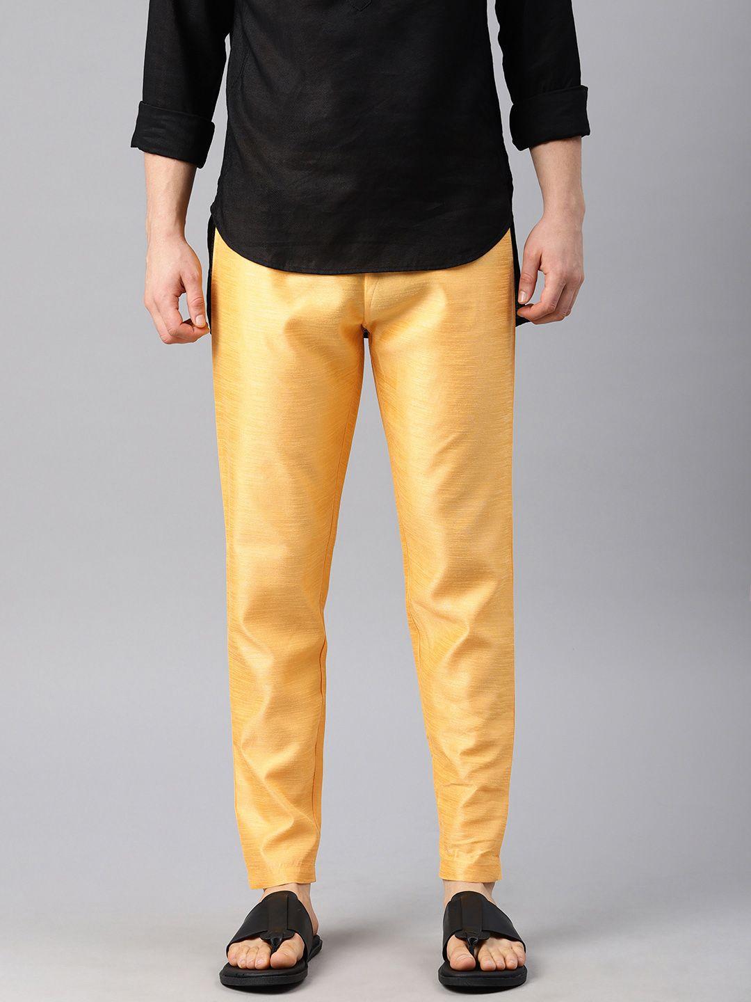 freehand men yellow regular fit solid regular trousers