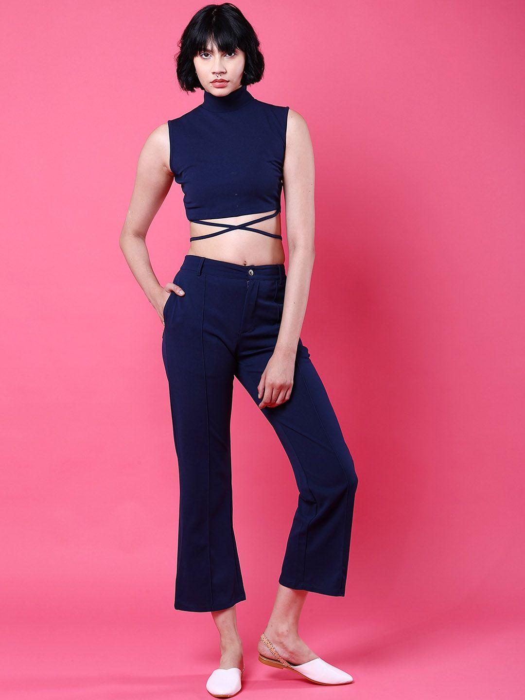 freehand navy blue high neck tie up top & flared trouser