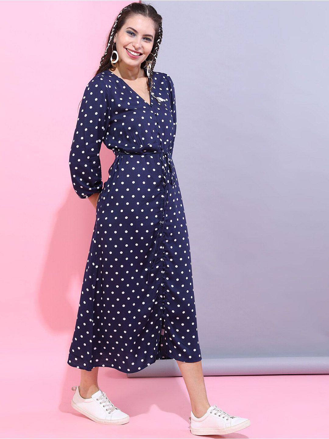 freehand polka dots printed shirt midi dress