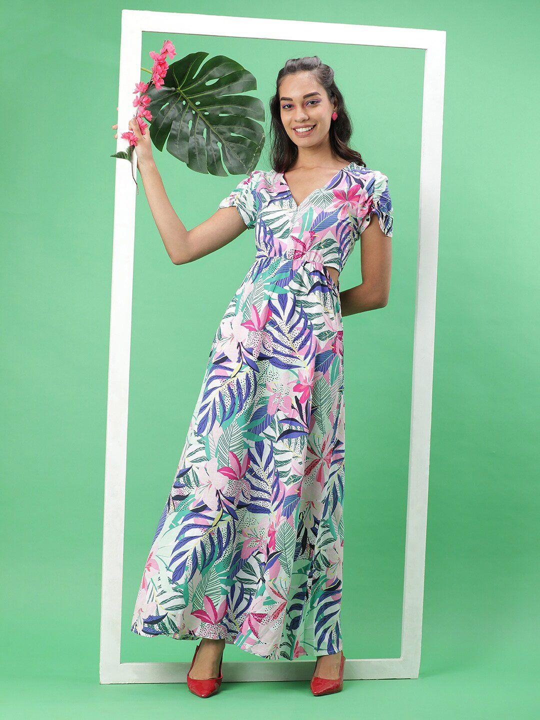 freehand tropical printed cut-out pure cotton a-line maxi dress