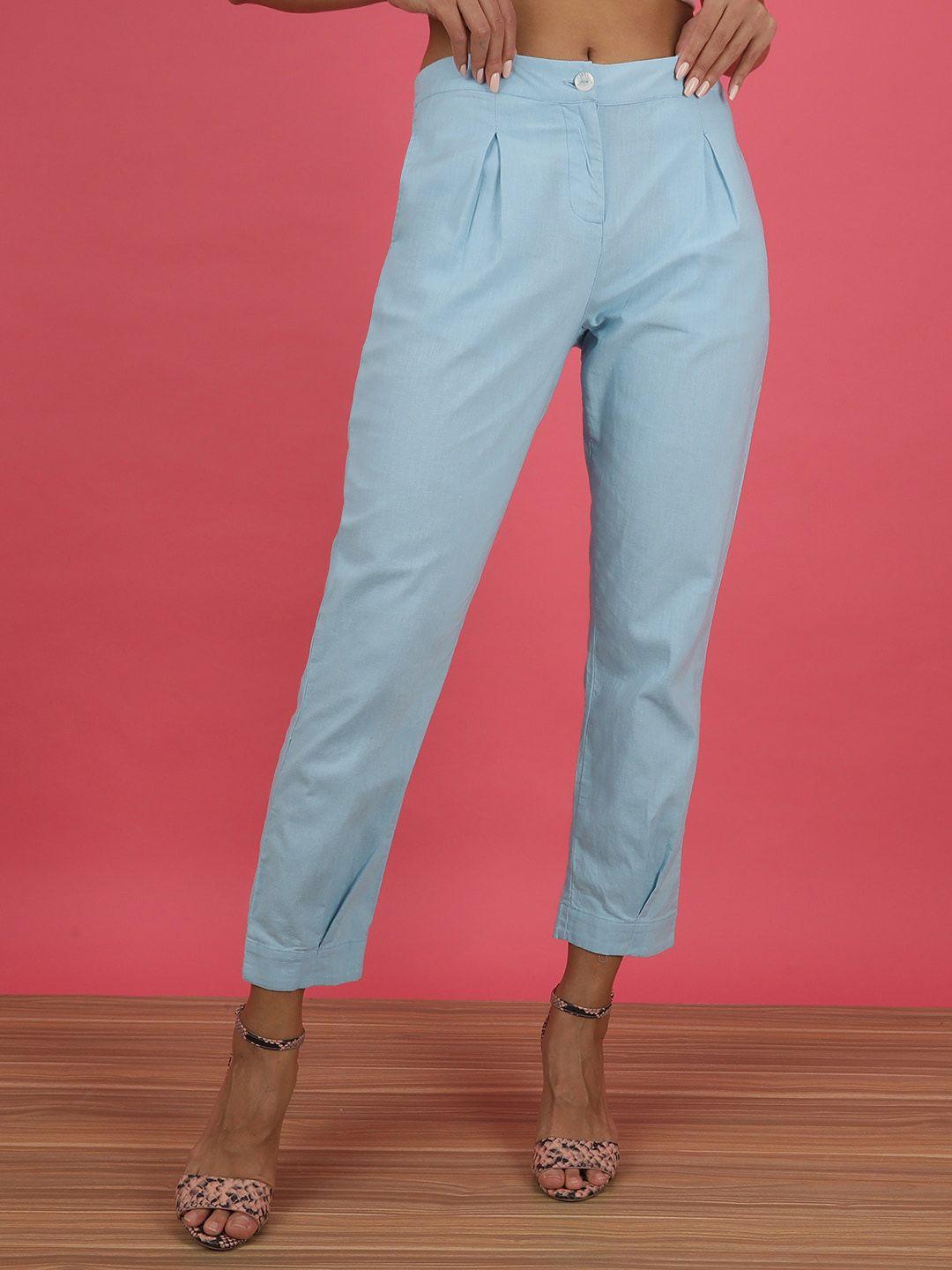freehand women blue tapered fit pleated cigarette pure cotton trousers