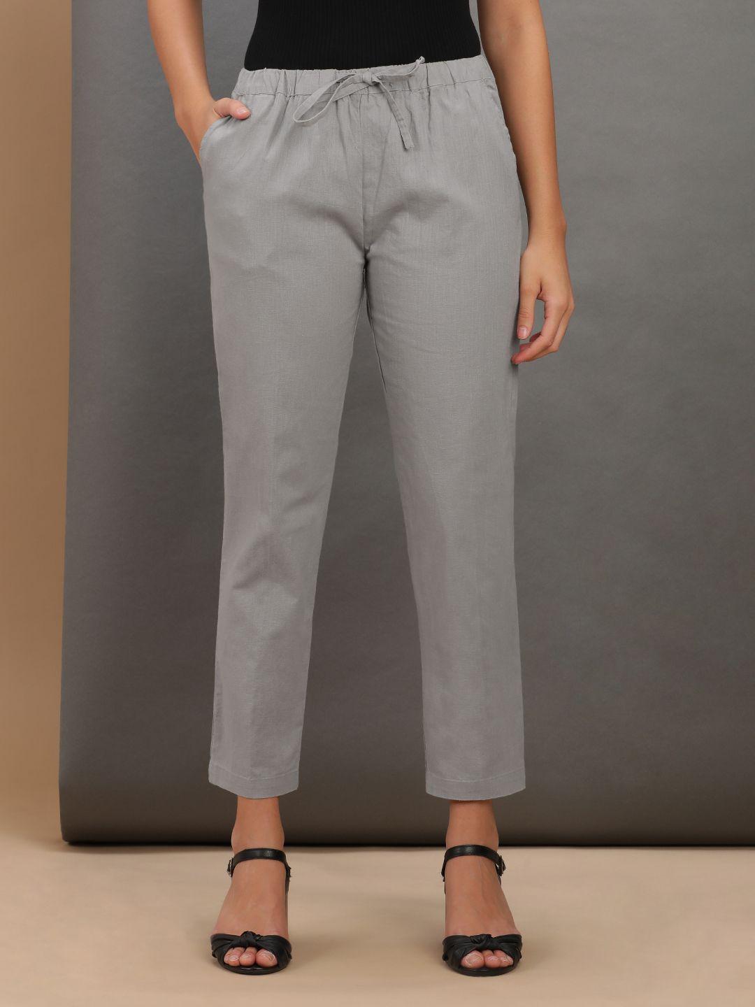 freehand women grey mid-rise pure cotton trousers