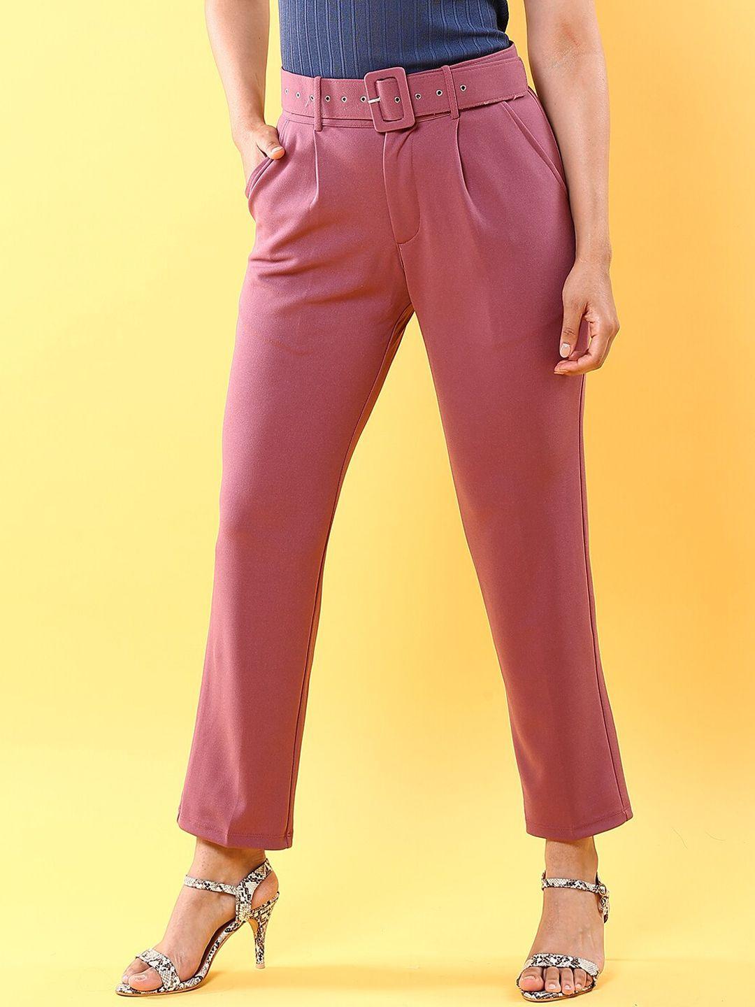 freehand women purple tapered fit mid-rise cropped trouser with belt