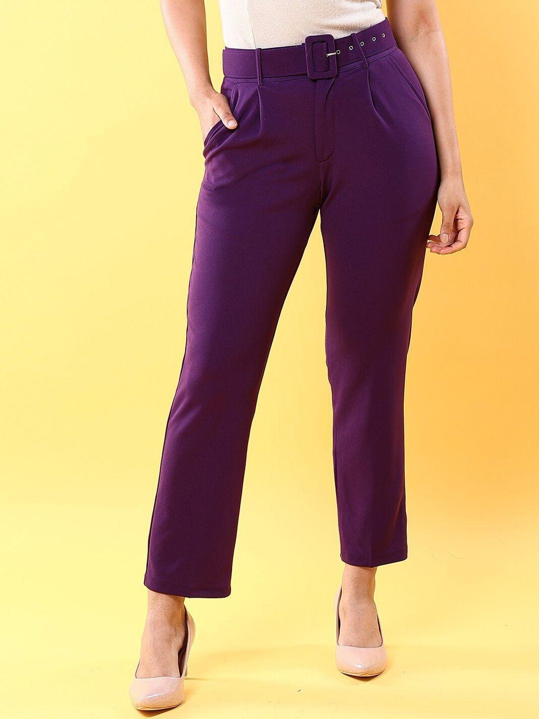 freehand women purple tapered fit mid-rise cropped trouser with belt