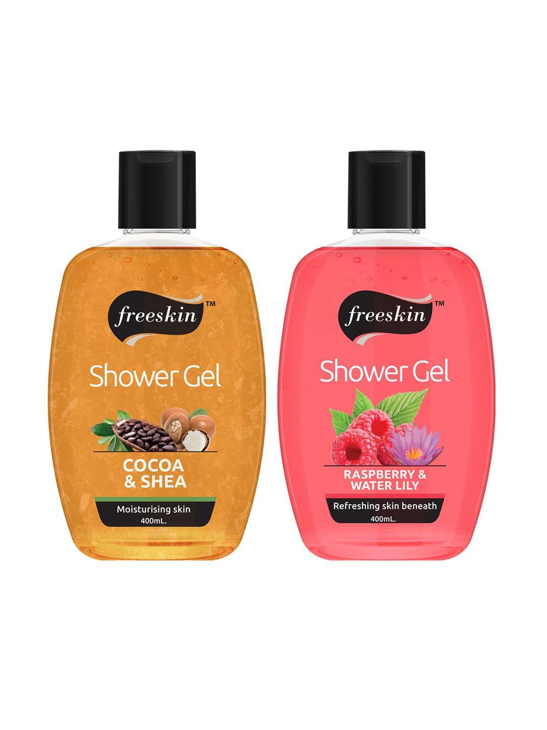 freeskin unisex pack of 2 cocoa shea & raspberry shower gel 400 ml