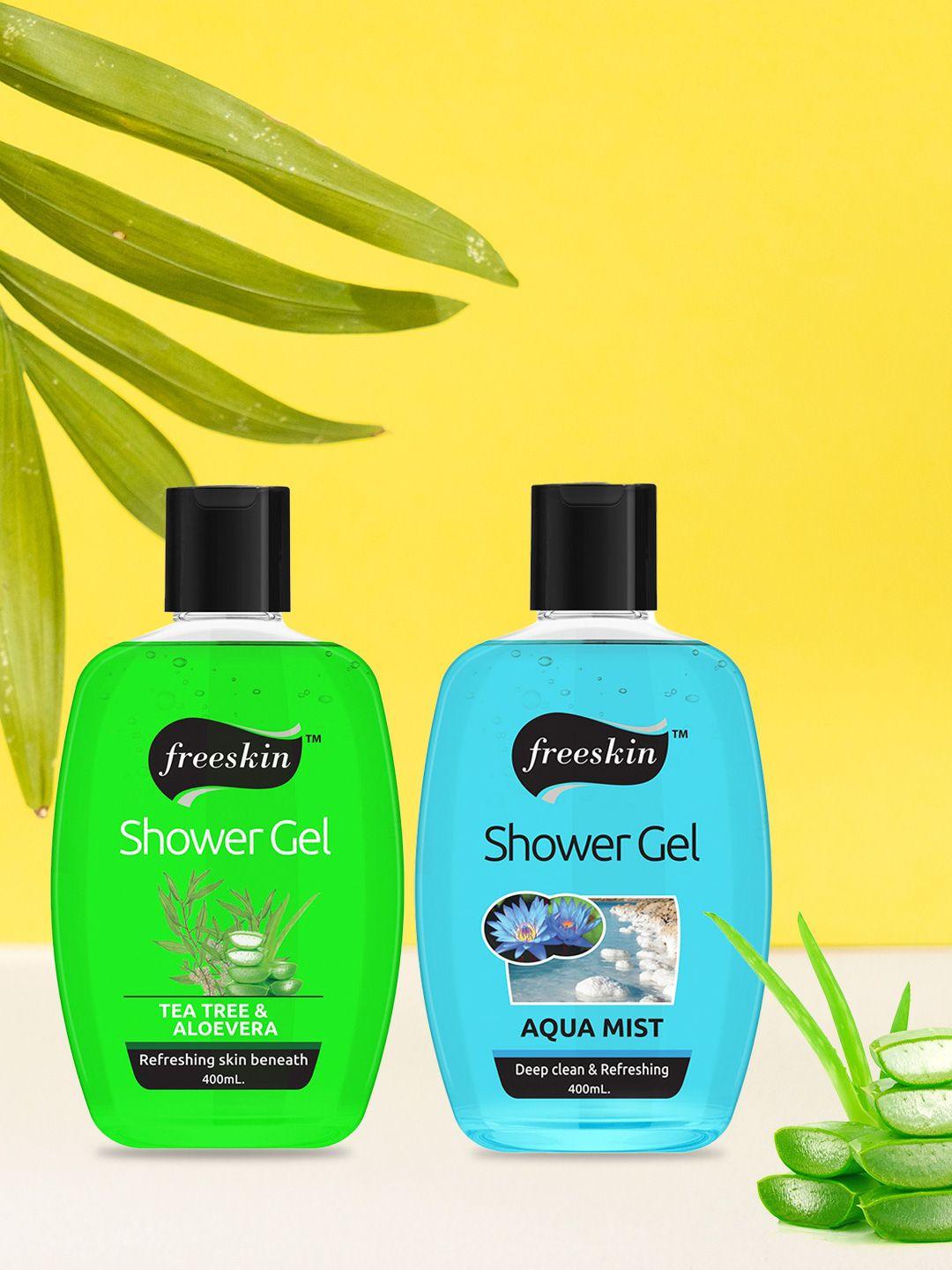 freeskin unisex pack of 2 tea tree & aqua mist shower gel 400 ml