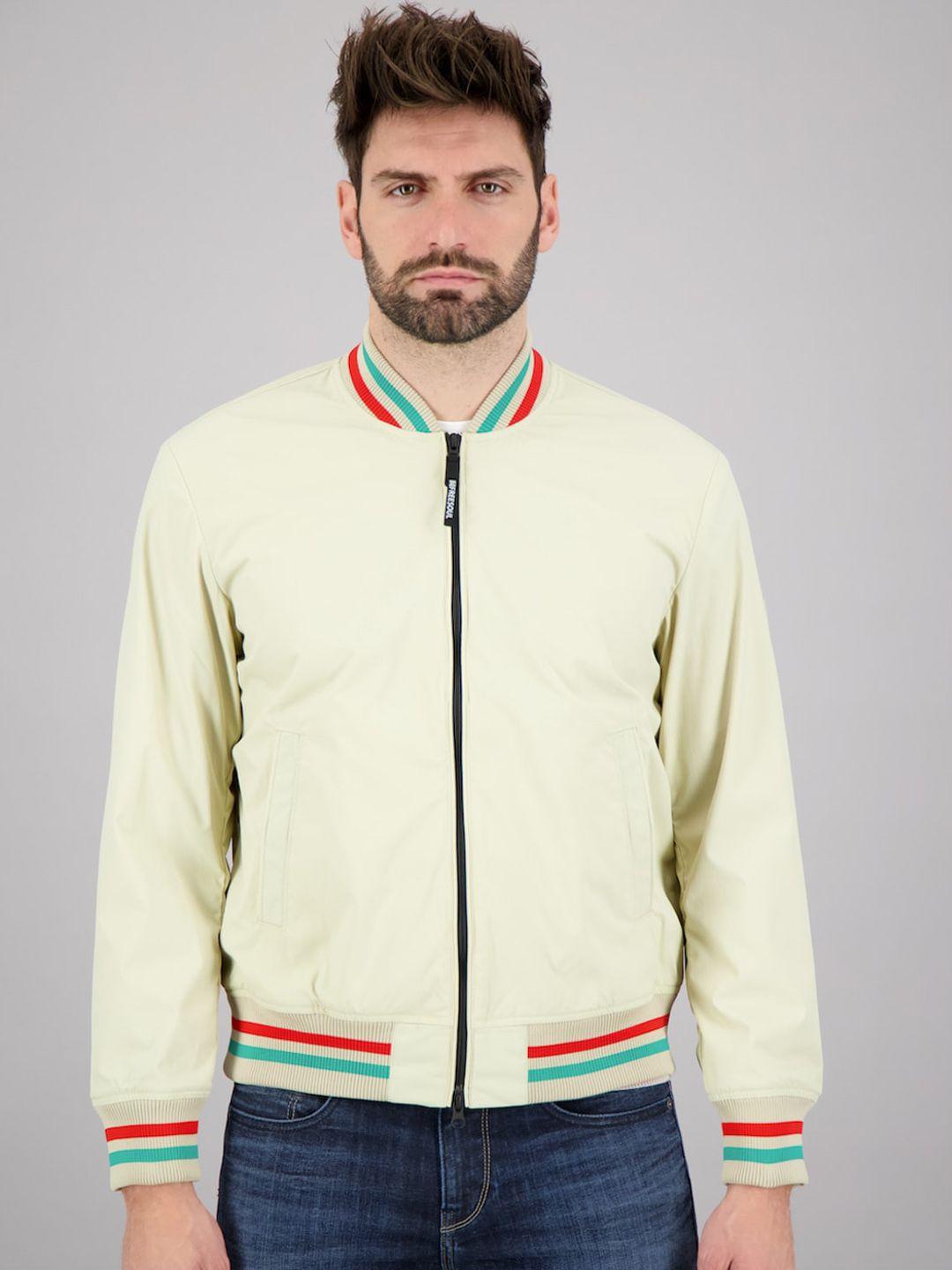 freesoul men beige striped regular bomber jacket with zip detailing