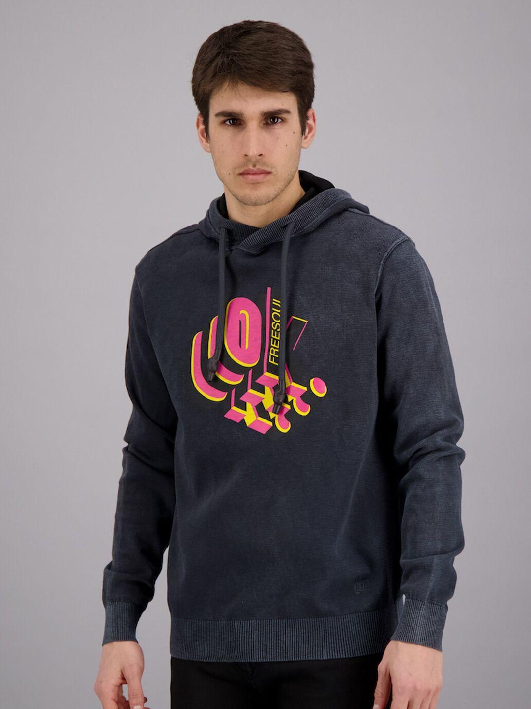 freesoul men blue printed hooded sweatshirt