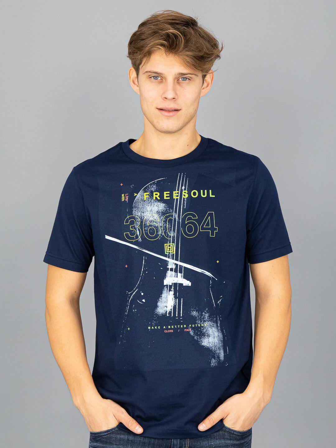 freesoul men blue printed raw edge t-shirt