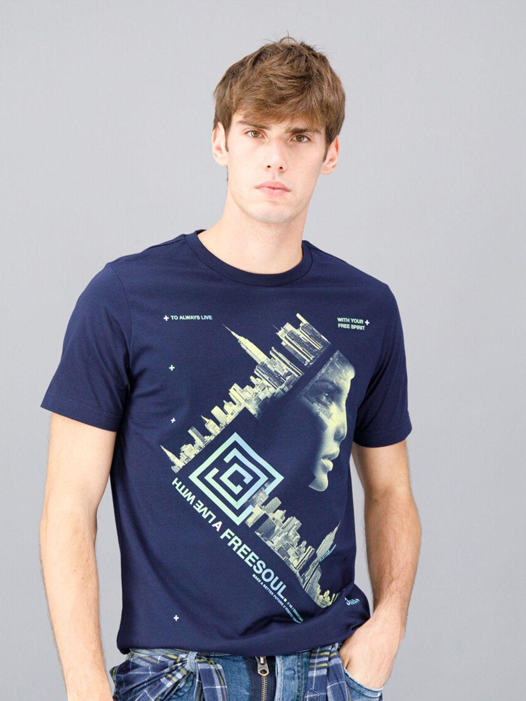 freesoul men blue printed t-shirt