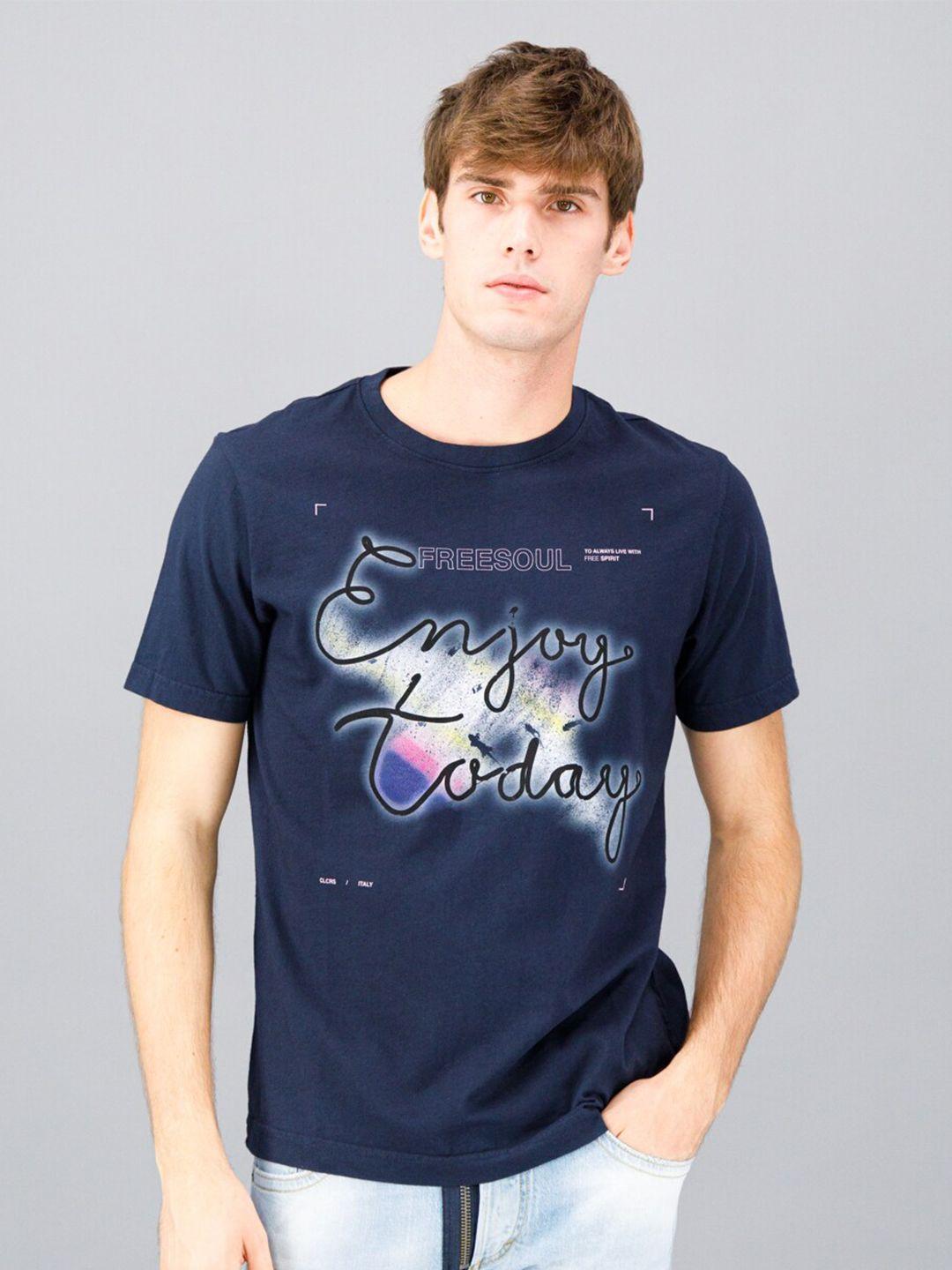 freesoul men blue typography printed cotton  t-shirt