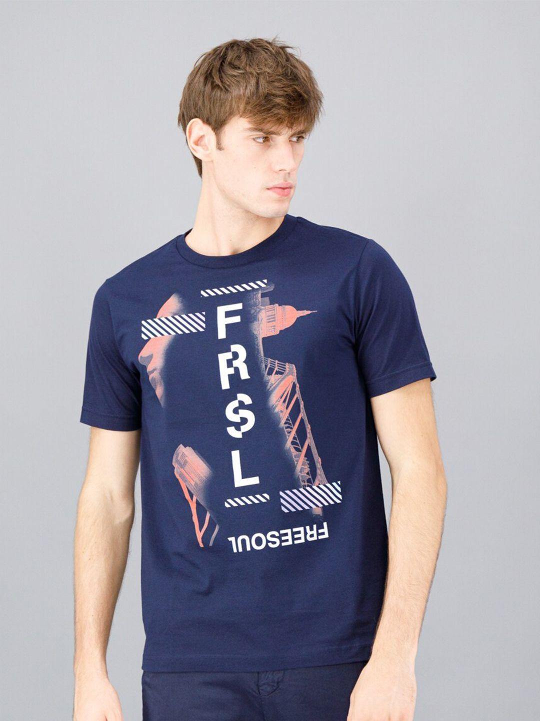 freesoul men blue typography printed t-shirt