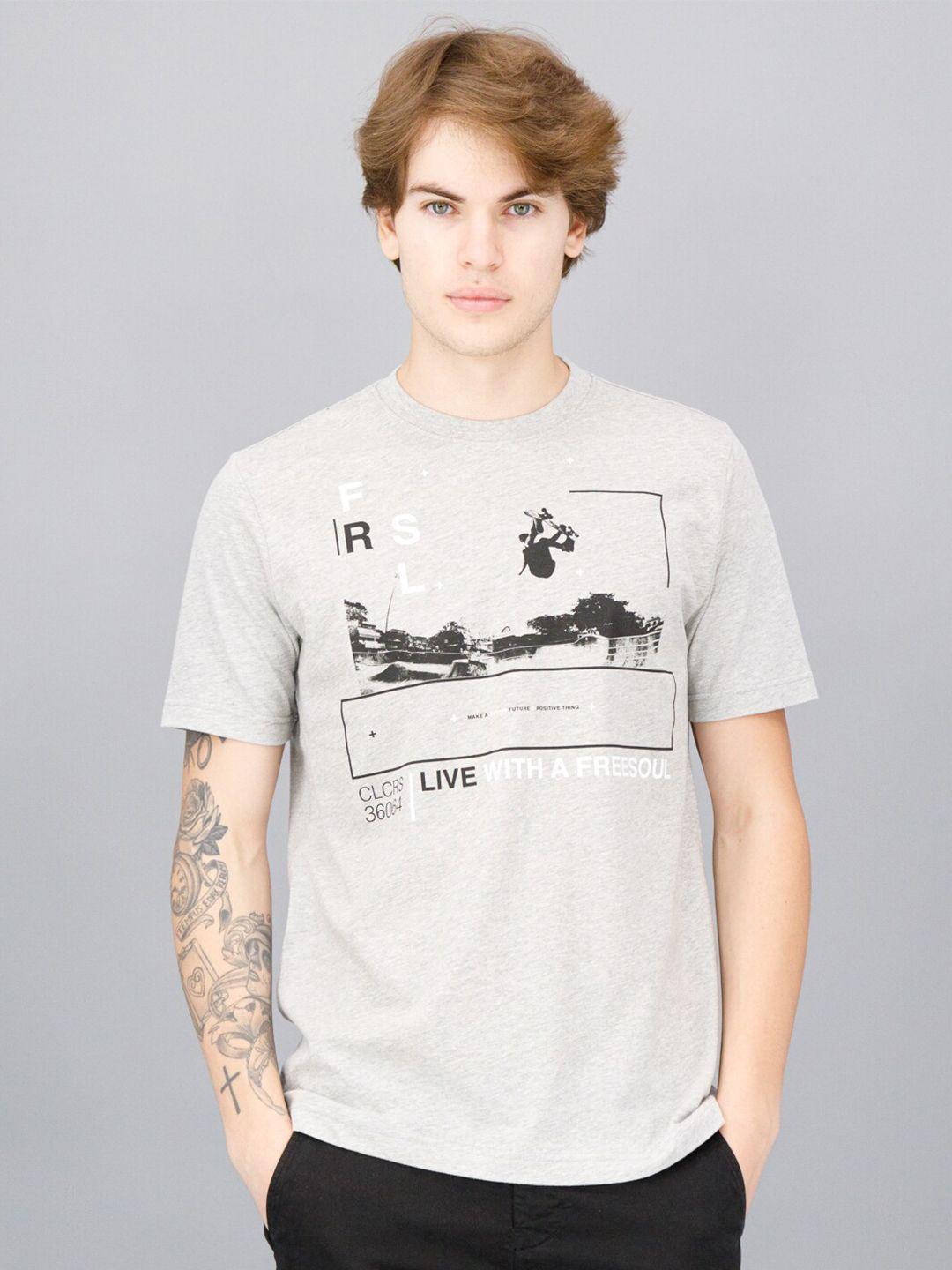 freesoul men grey & black cotton printed t-shirt