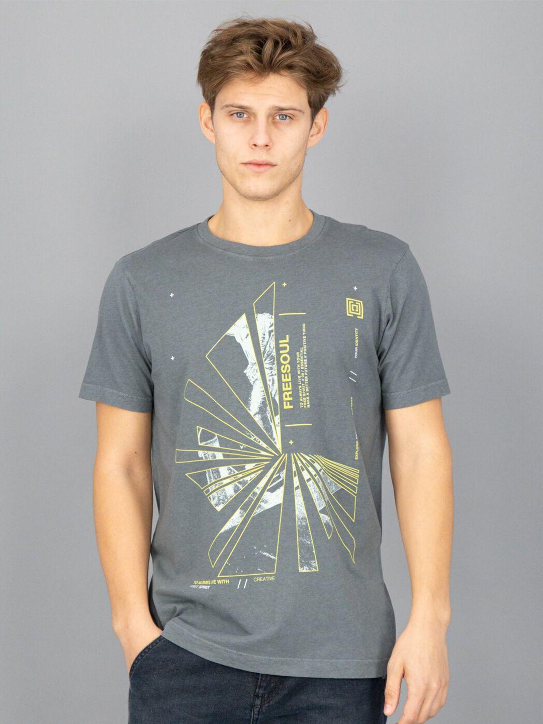 freesoul men grey & yellow printed short sleeves t-shirt