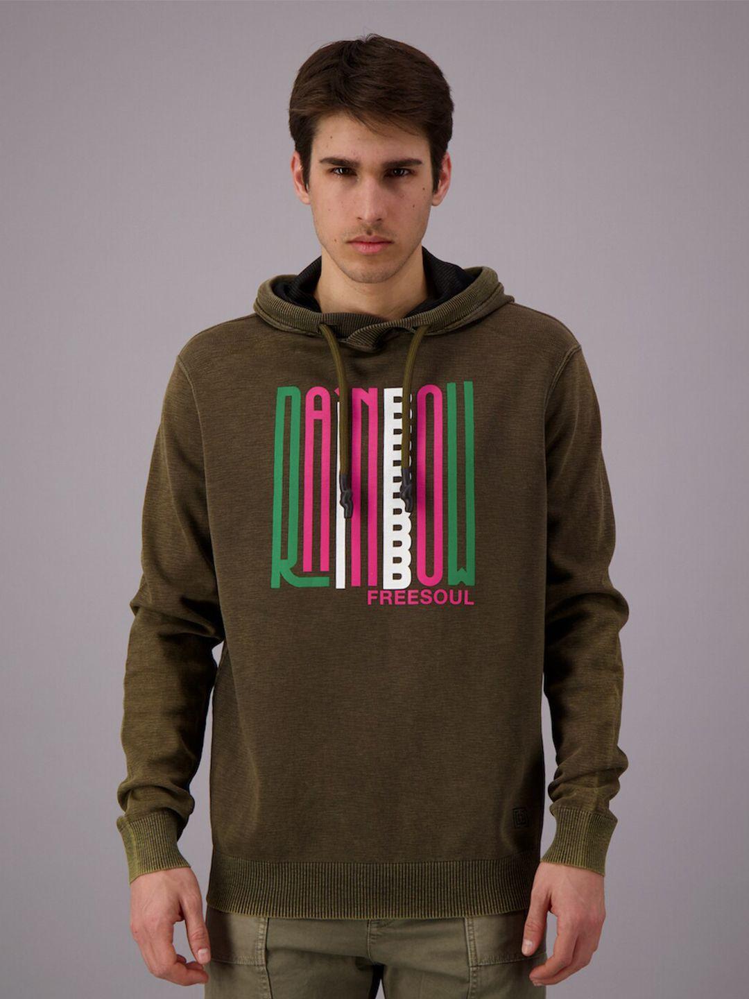 freesoul men khaki printed hooded sweatshirt