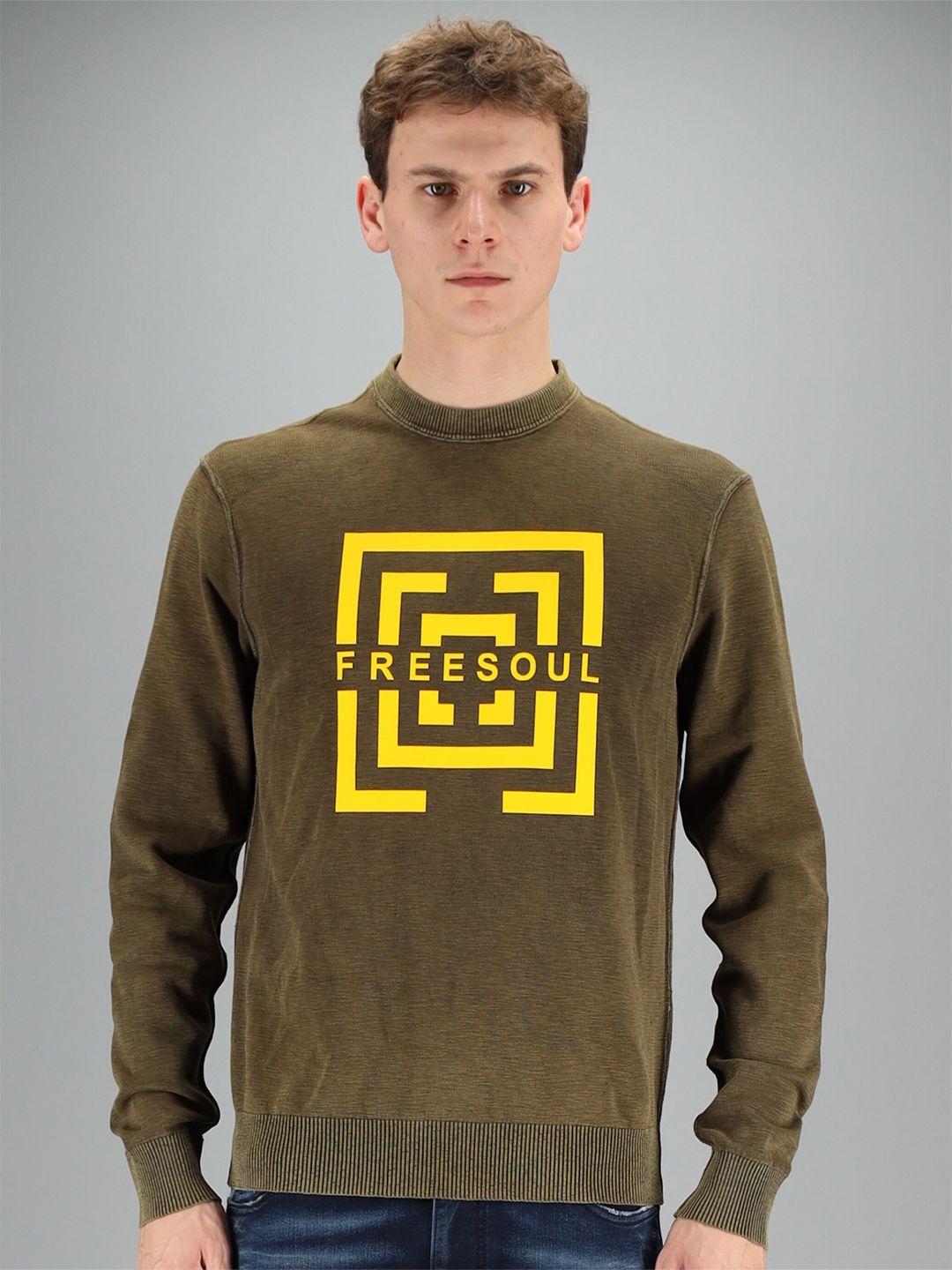 freesoul men khaki printed sweatshirt