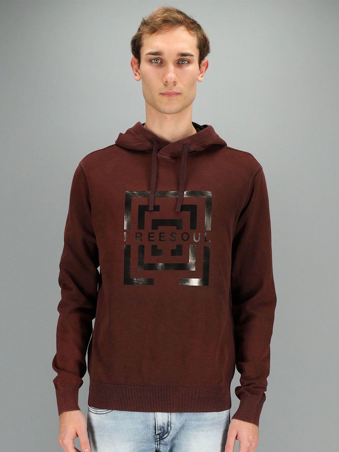 freesoul men maroon printed hooded sweatshirt