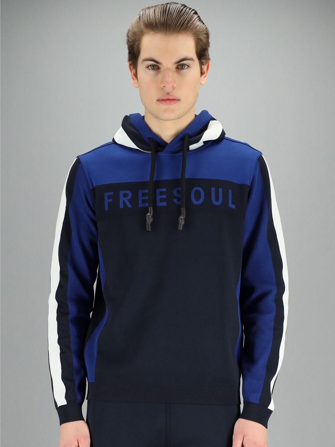 freesoul men navy blue & blue colourblocked hooded sweatshirt