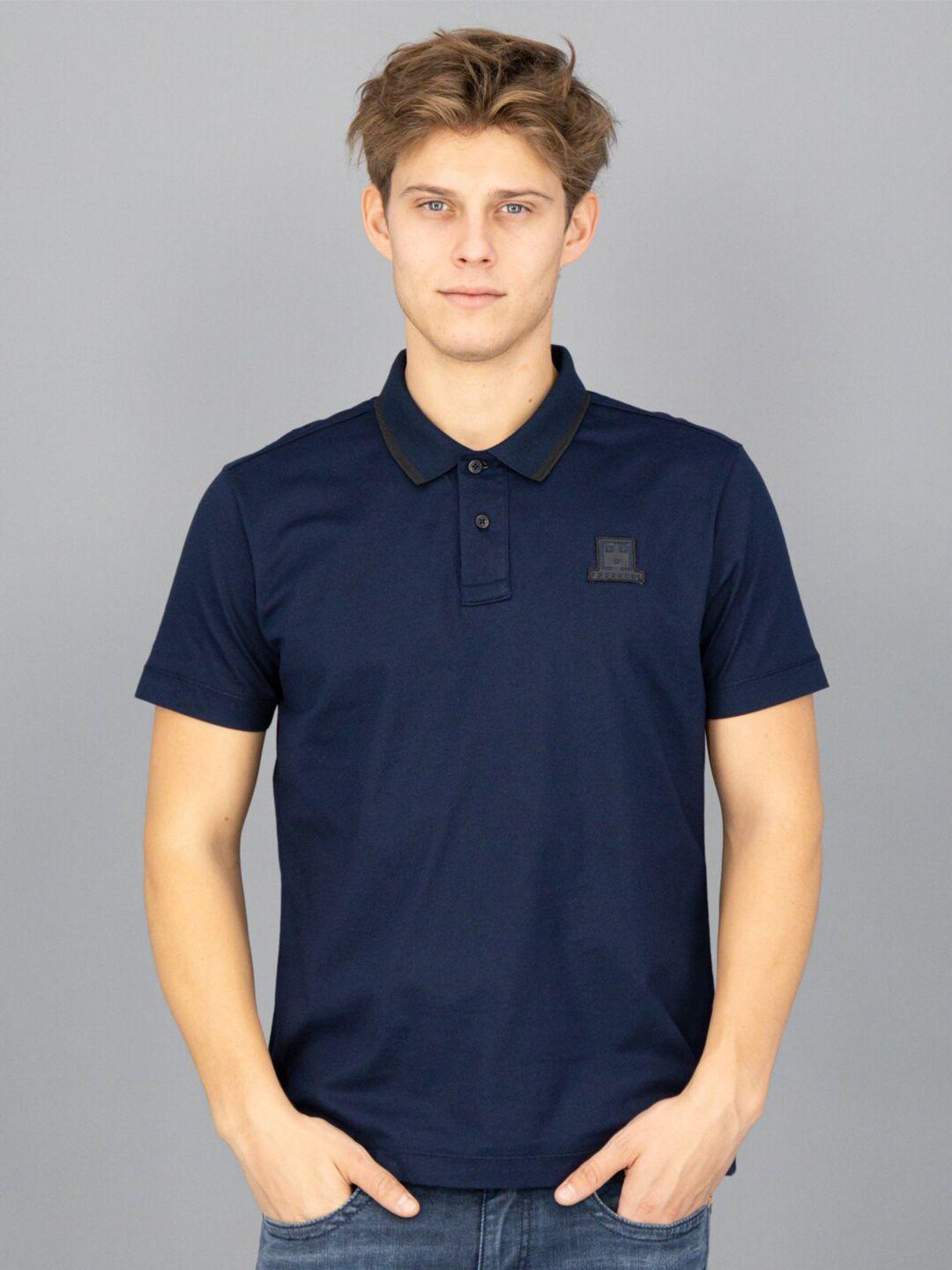 freesoul men navy blue polo collar applique cotton t-shirt