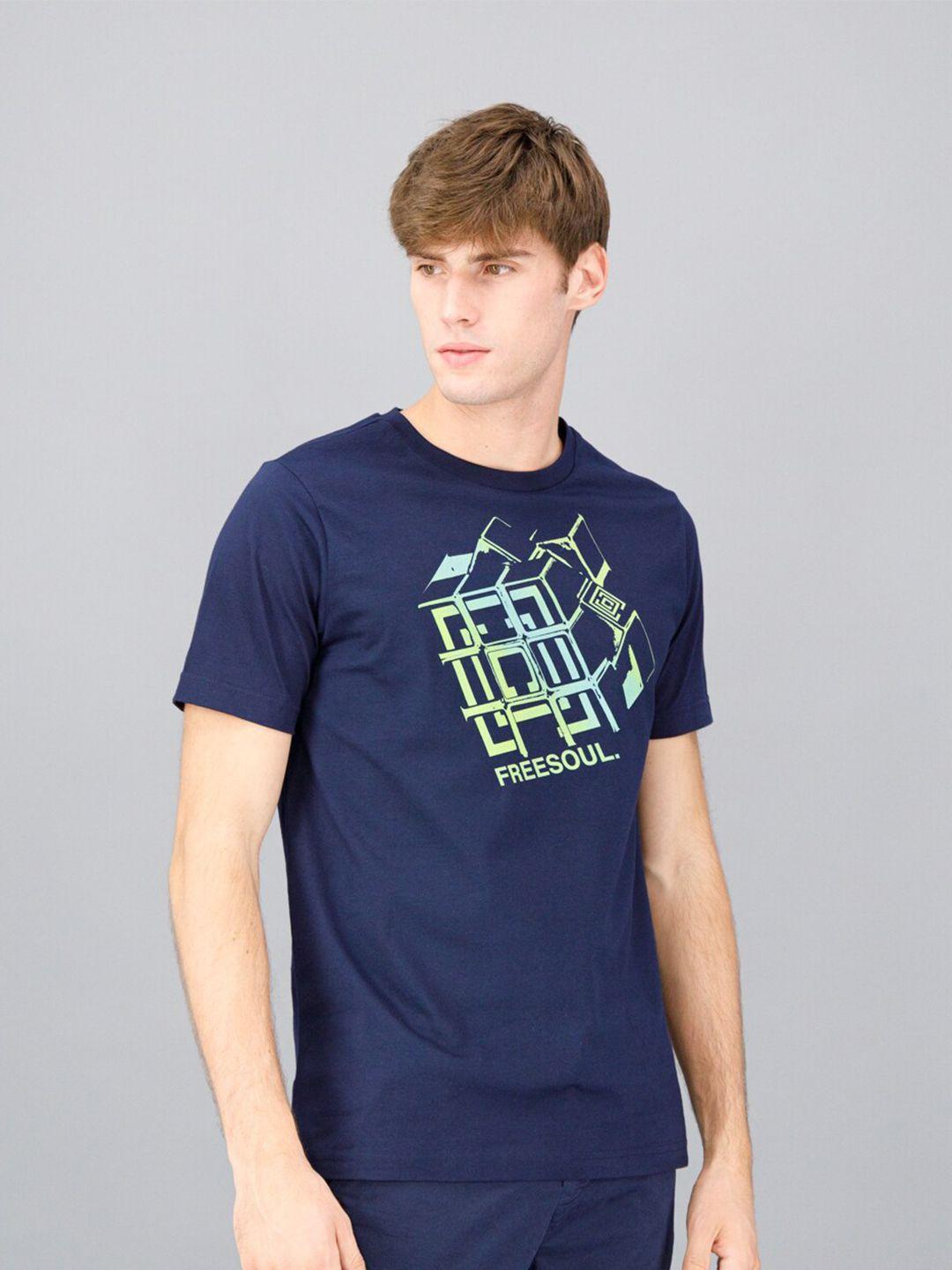 freesoul men navy blue printed pure cotton t-shirt