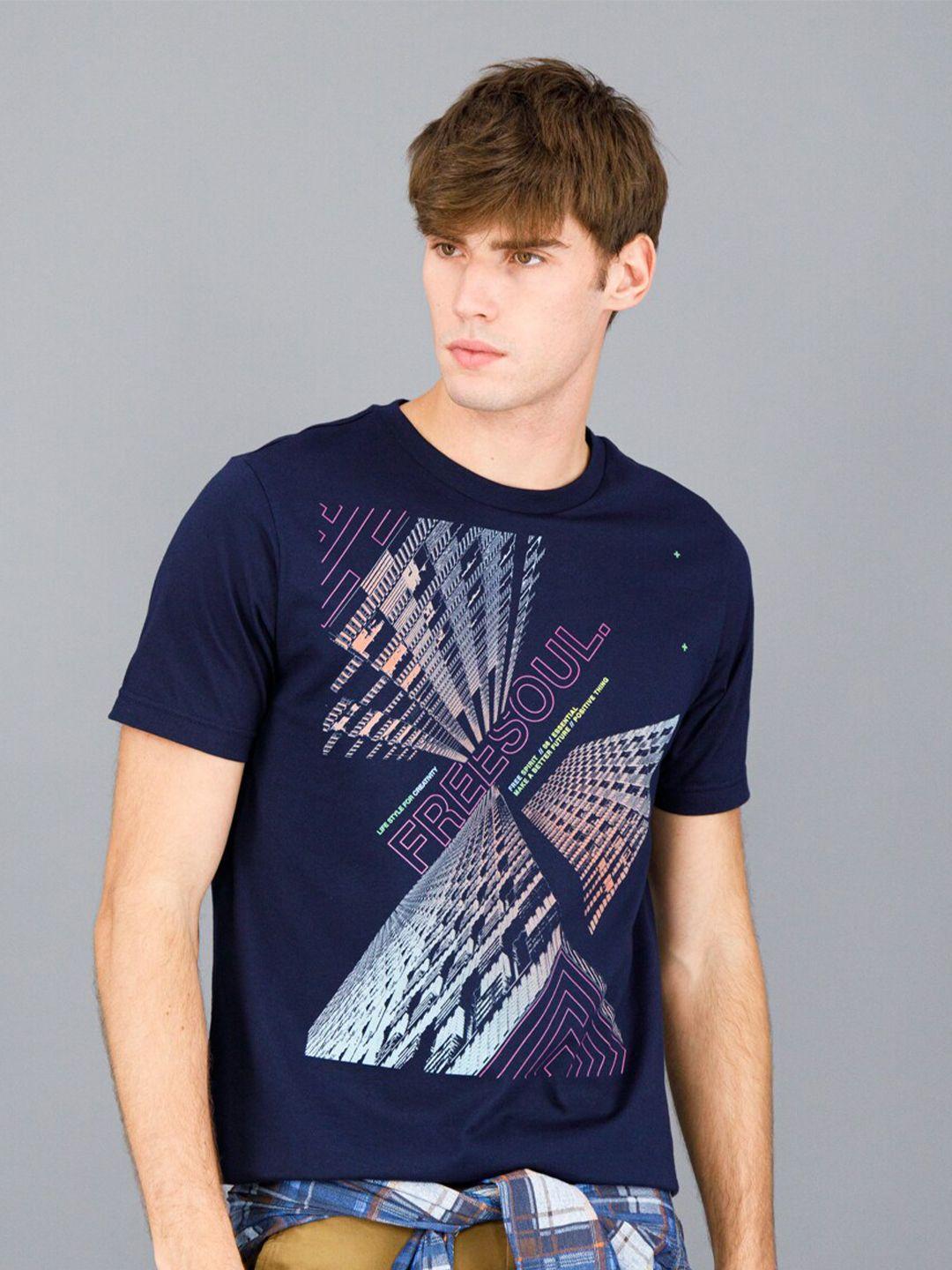 freesoul men navy blue printed pure cotton t-shirt