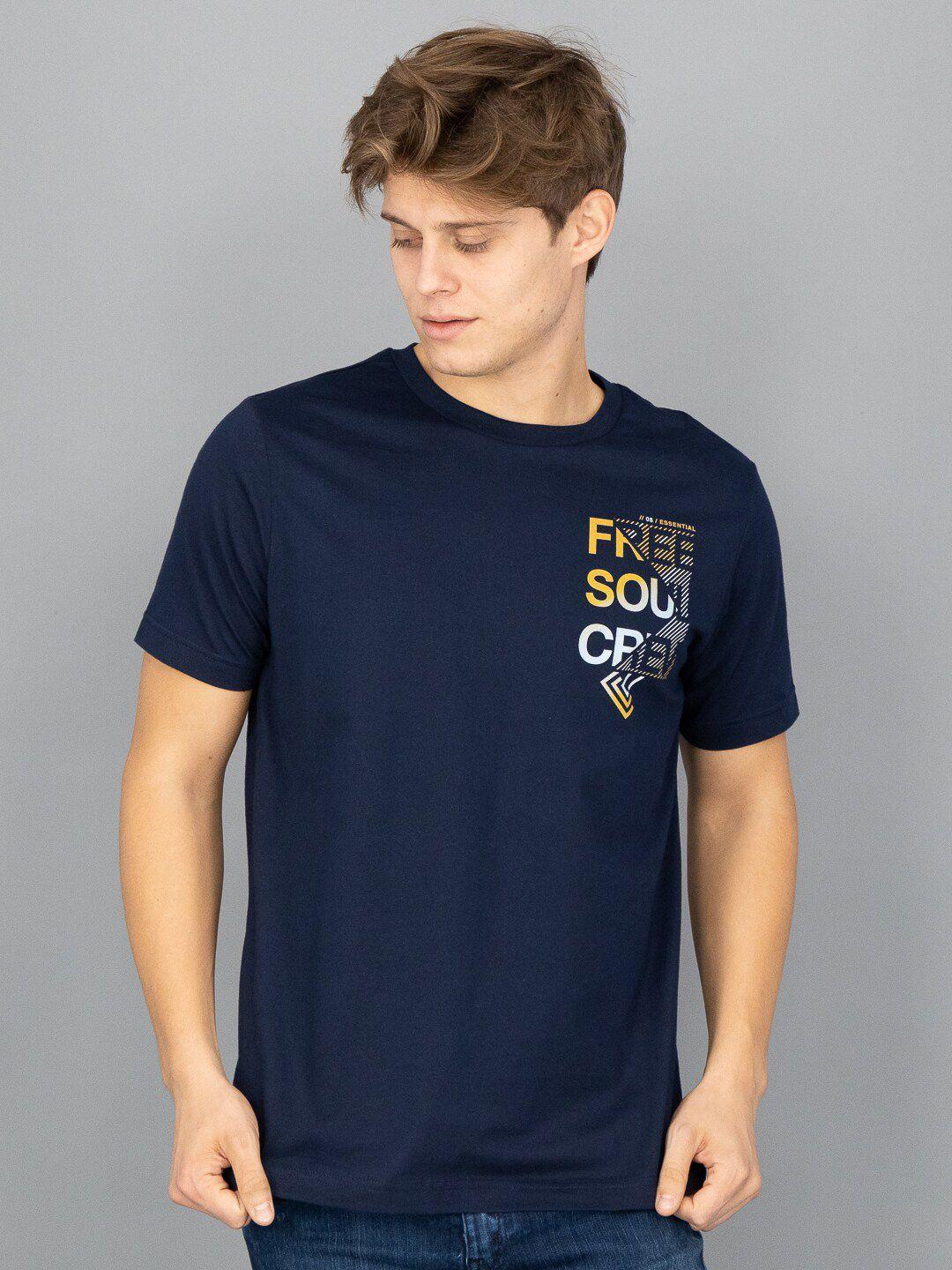 freesoul men navy blue typography printed pure cotton t-shirt