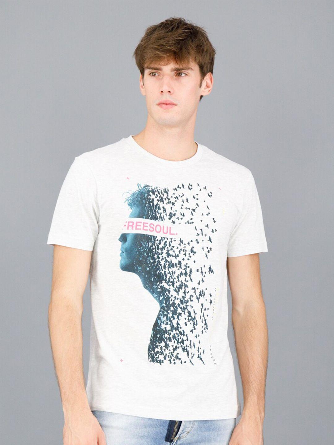 freesoul men off white & blue printed raw edge cotton t-shirt