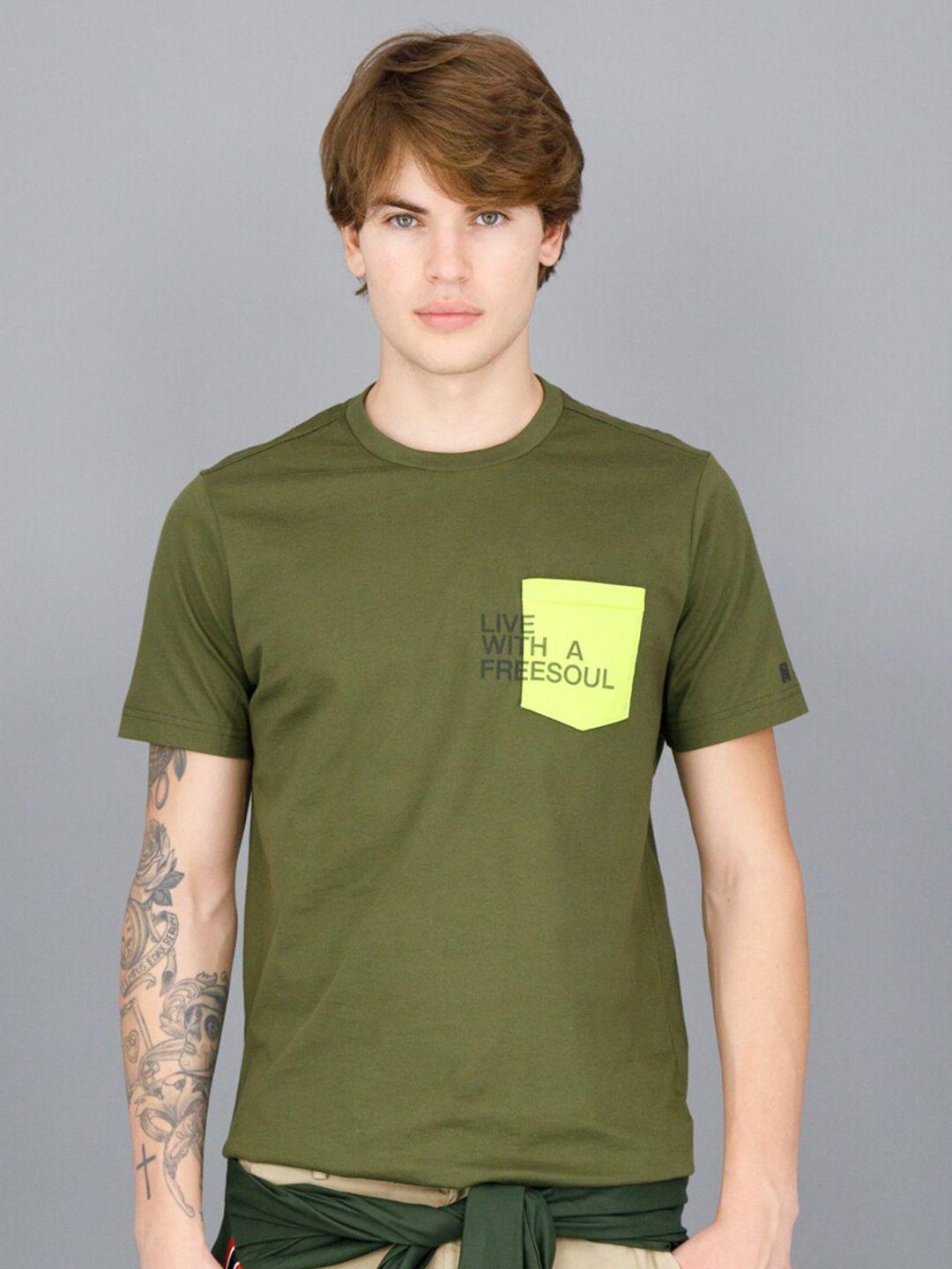 freesoul men olive green pure cotton round neck short sleeves t-shirt