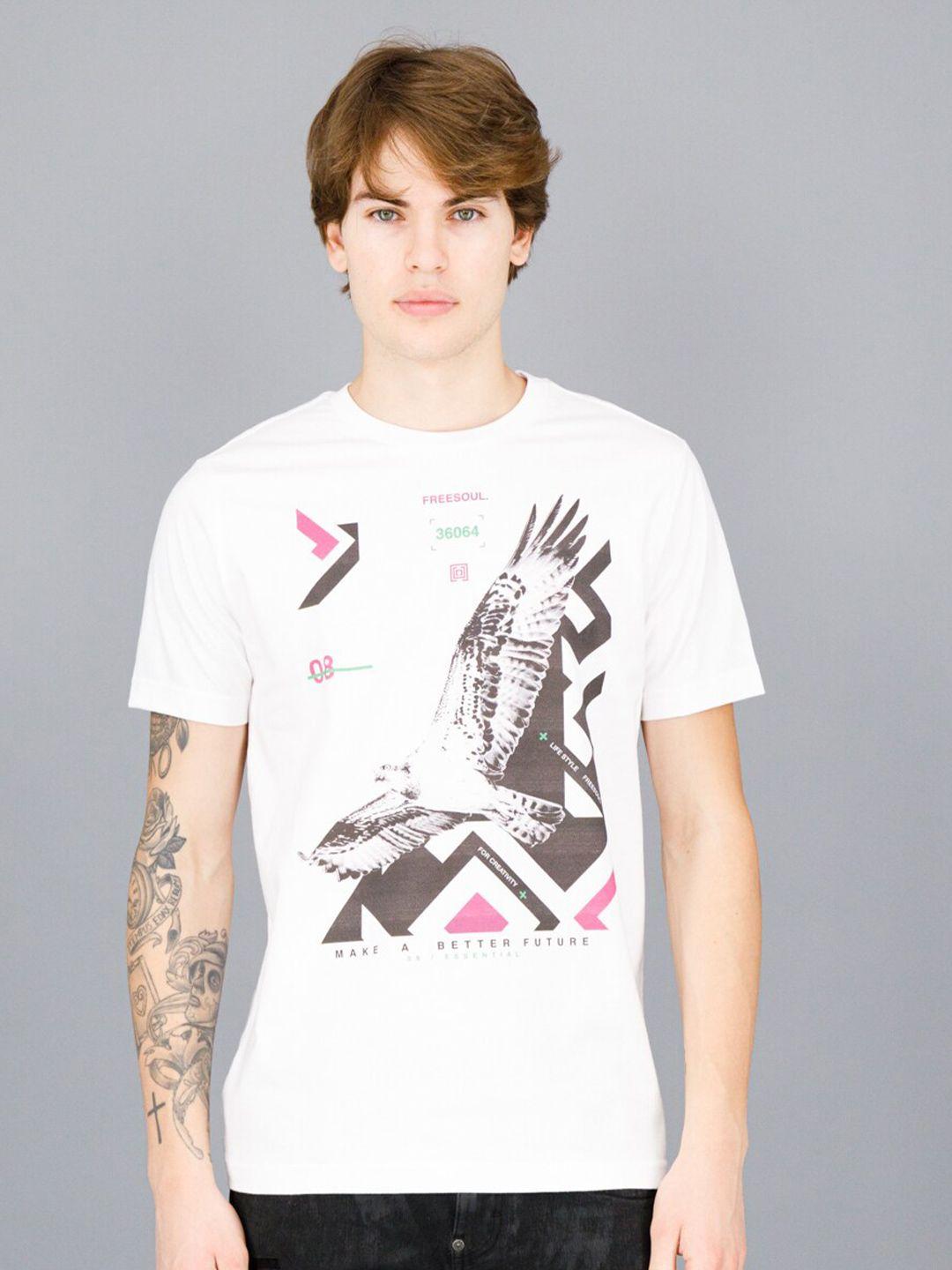 freesoul men white printed pure cotton t-shirt