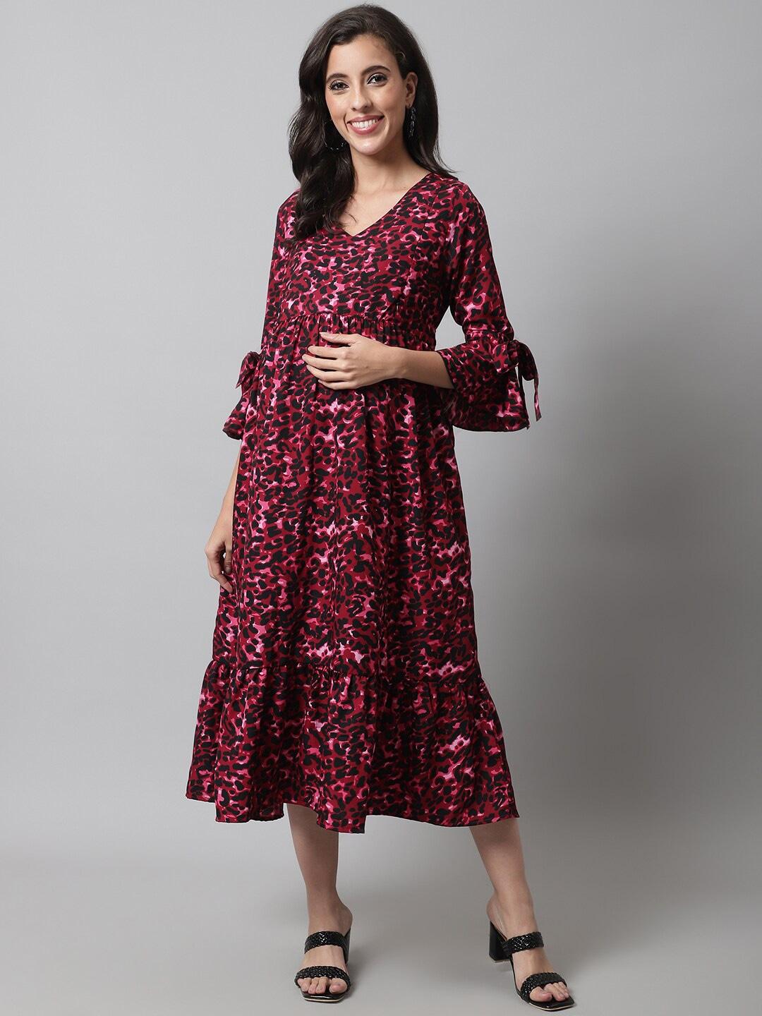 frempy floral print bell sleeve ruffled crepe maternity fit & flare midi dress