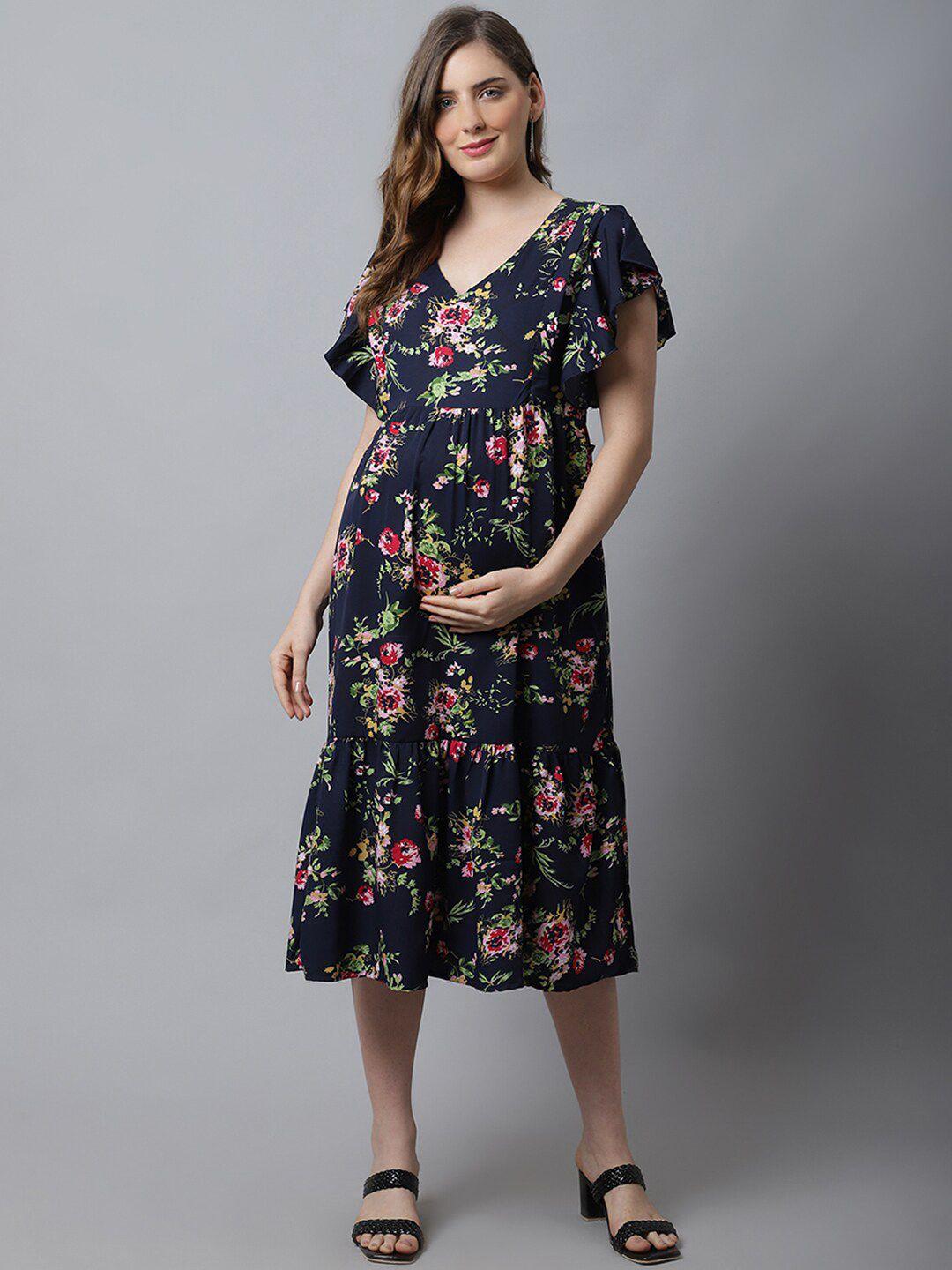 frempy floral print flutter sleeve crepe maternity midi dress