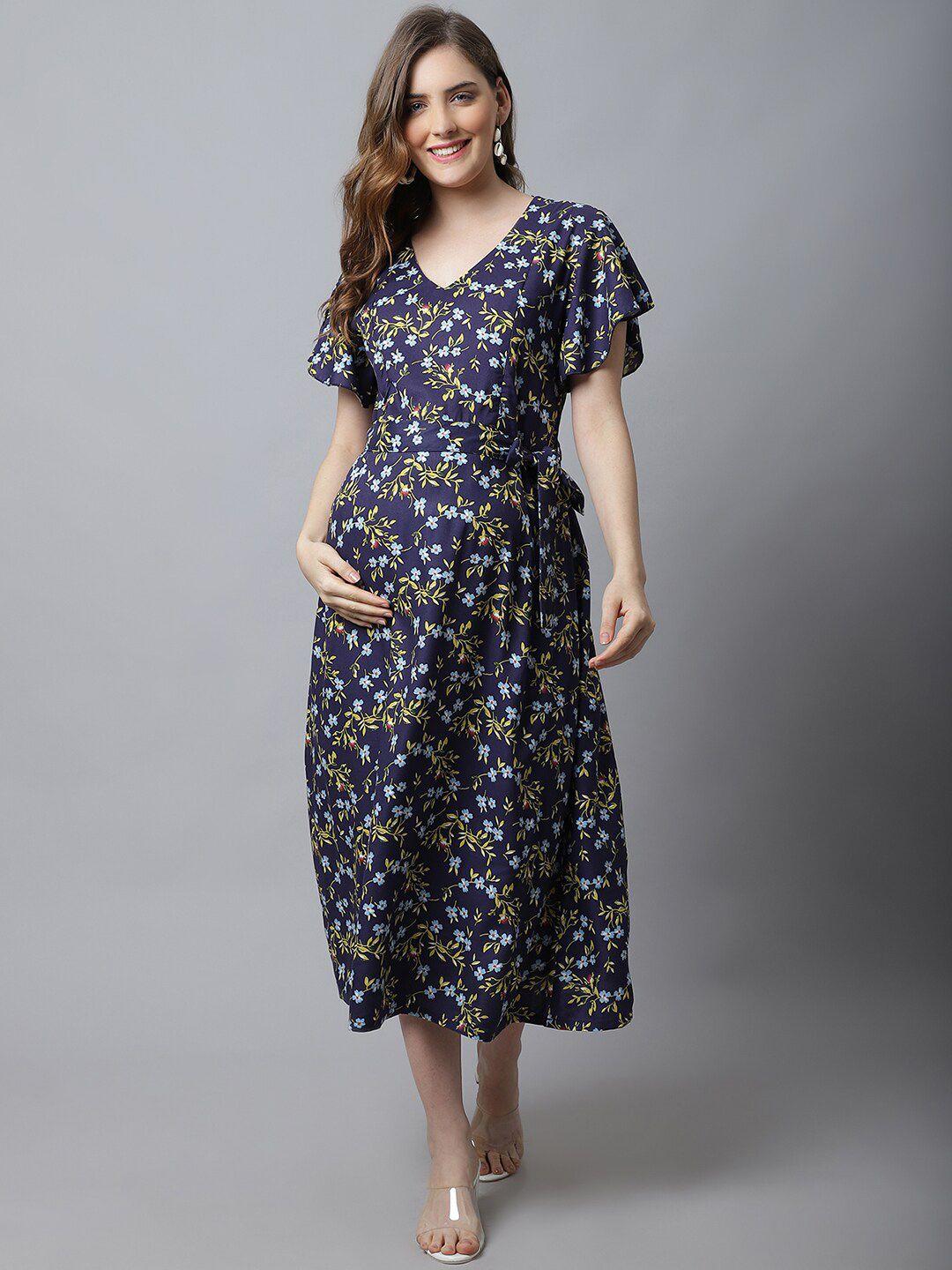 frempy navy blue floral maternity a-line midi dress