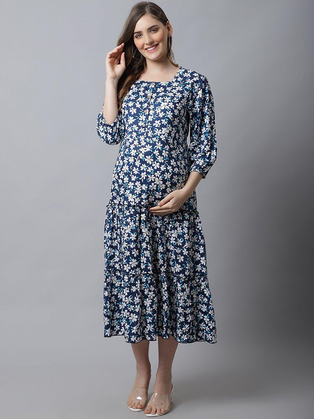 frempy women blue & white floral printed a-line maternity dress