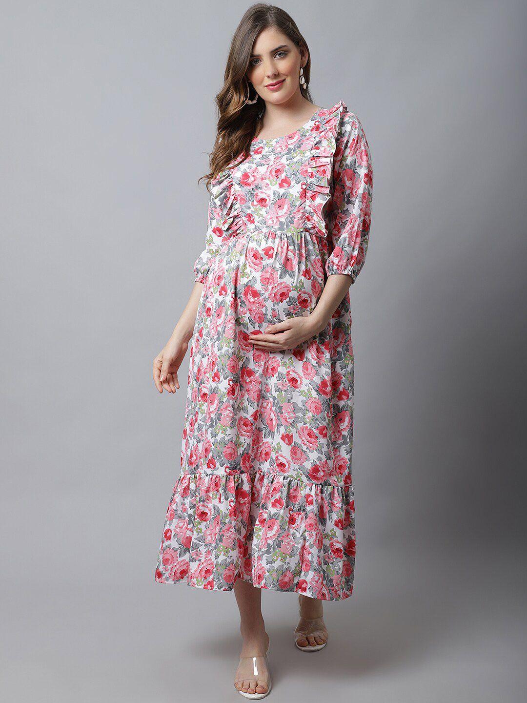 frempy floral print puff sleeve ruffled crepe maternity a-line midi dress