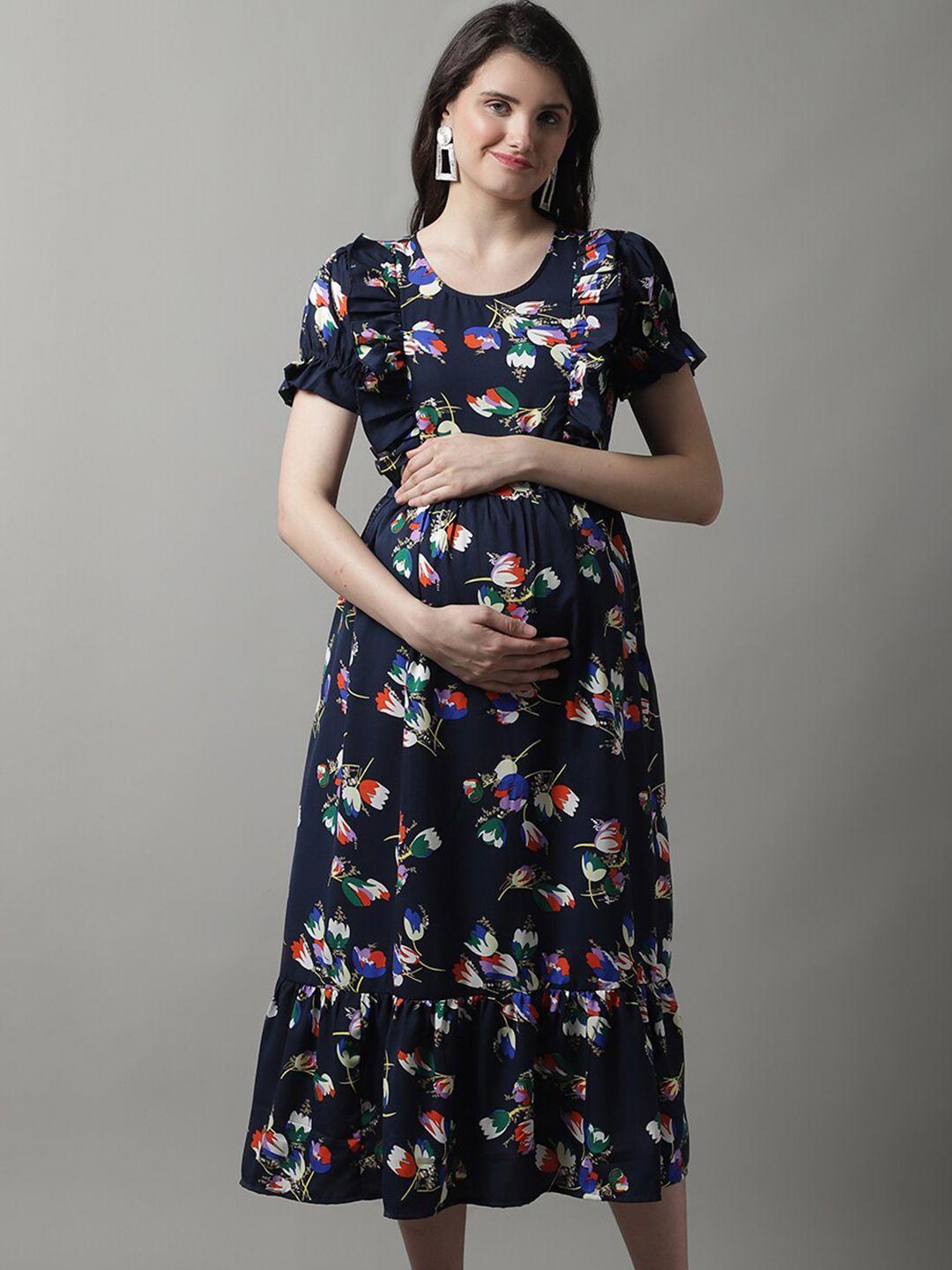 frempy floral printed ruffled maternity a-line midi dress