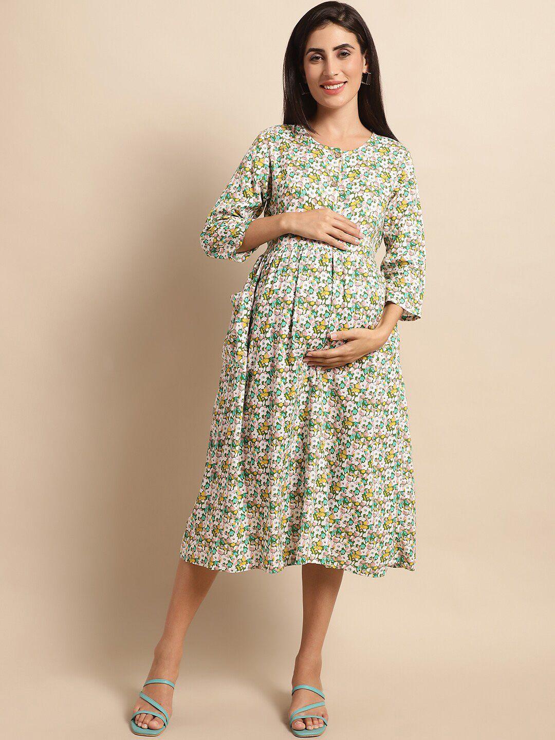 frempy green floral print maternity fit & flare midi dress