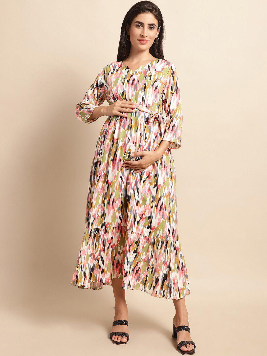 frempy multicoloured floral print tie-up neck bell sleeve maternity fit & flare midi dress