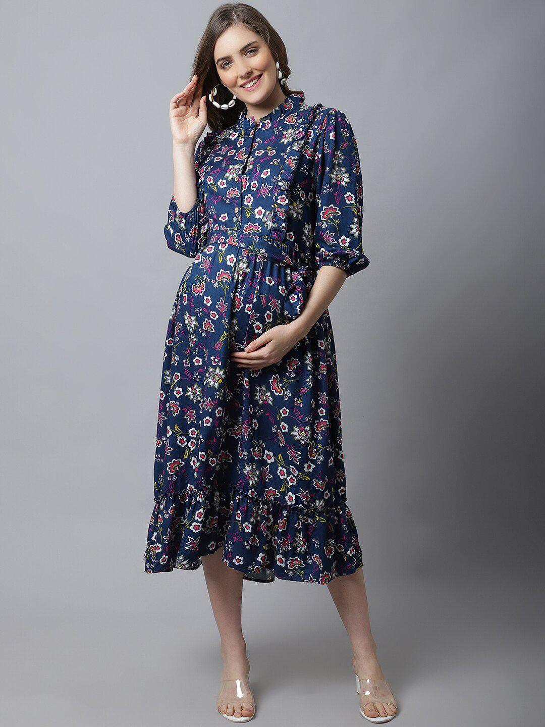 frempy navy blue & pink floral printed maternity a-line midi dress