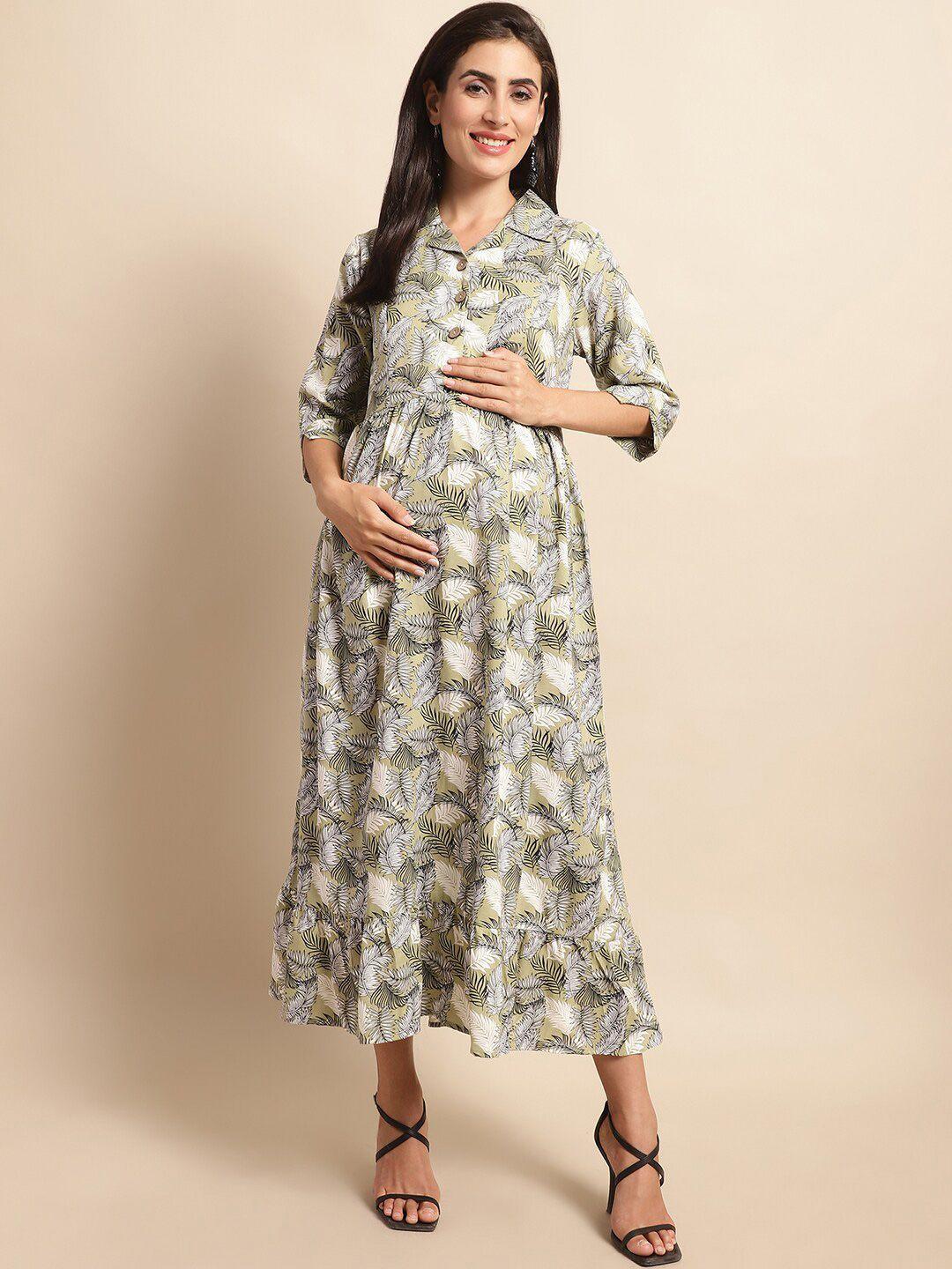 frempy sea green floral print maternity fit & flare midi dress