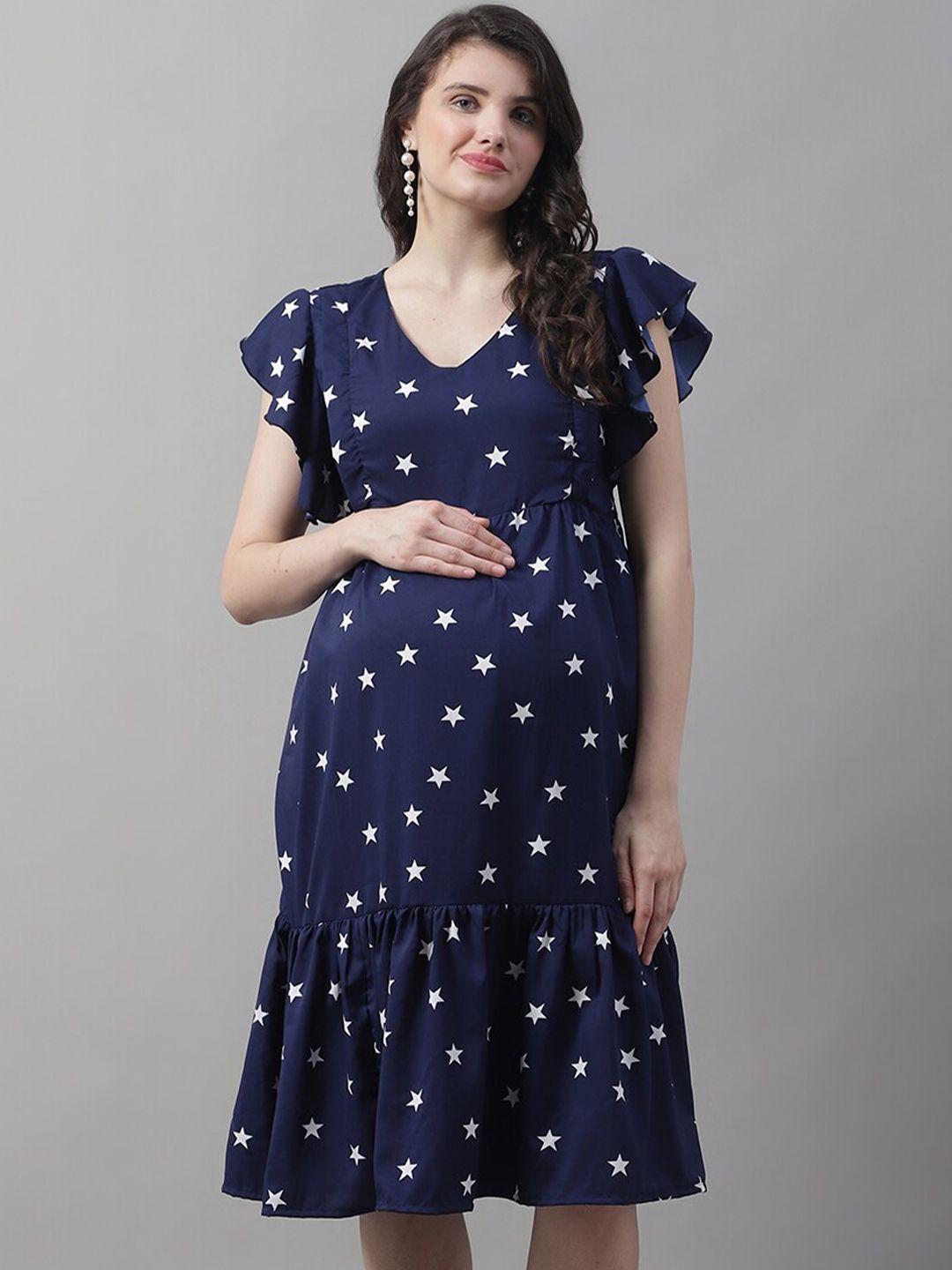 frempy star printed ruffled maternity fit & flare midi dress