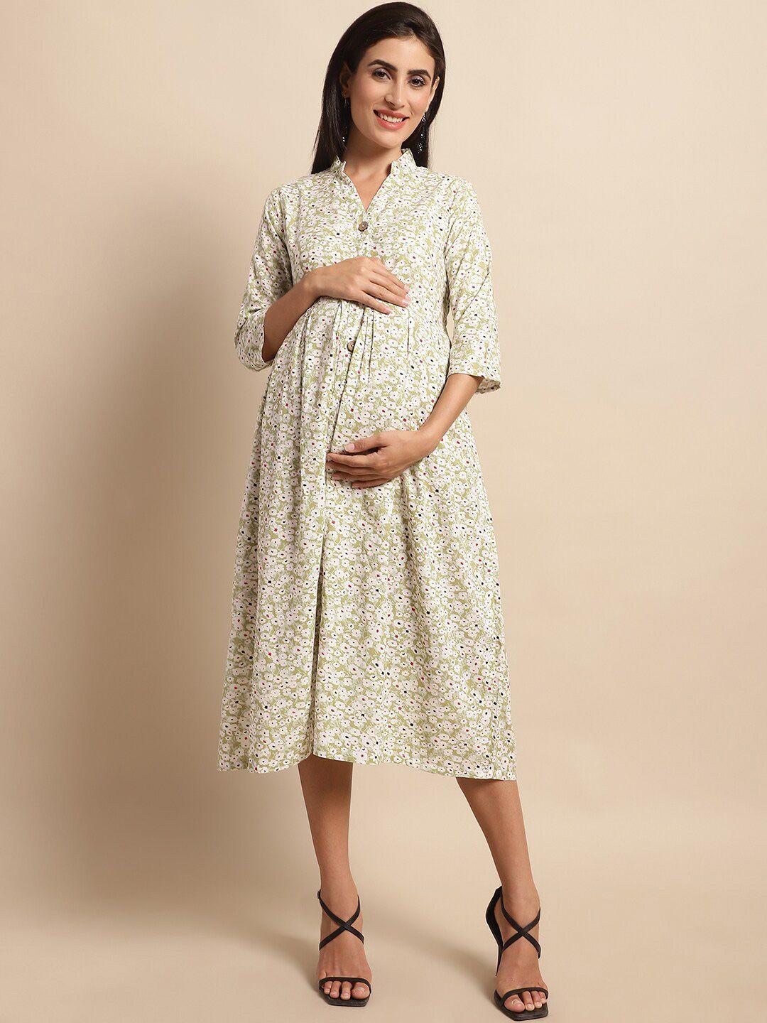 frempy white floral print maternity fit & flare midi dress