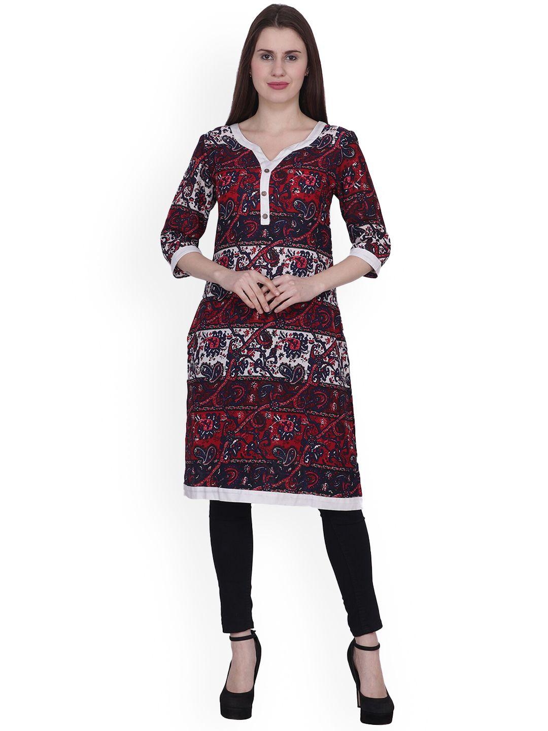 frempy women maroon & white paisley embroidered georgette kurta