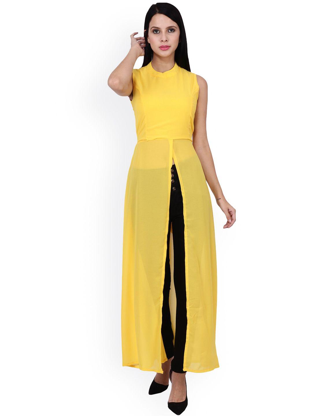 frempy women yellow georgette high-neck slit kurta