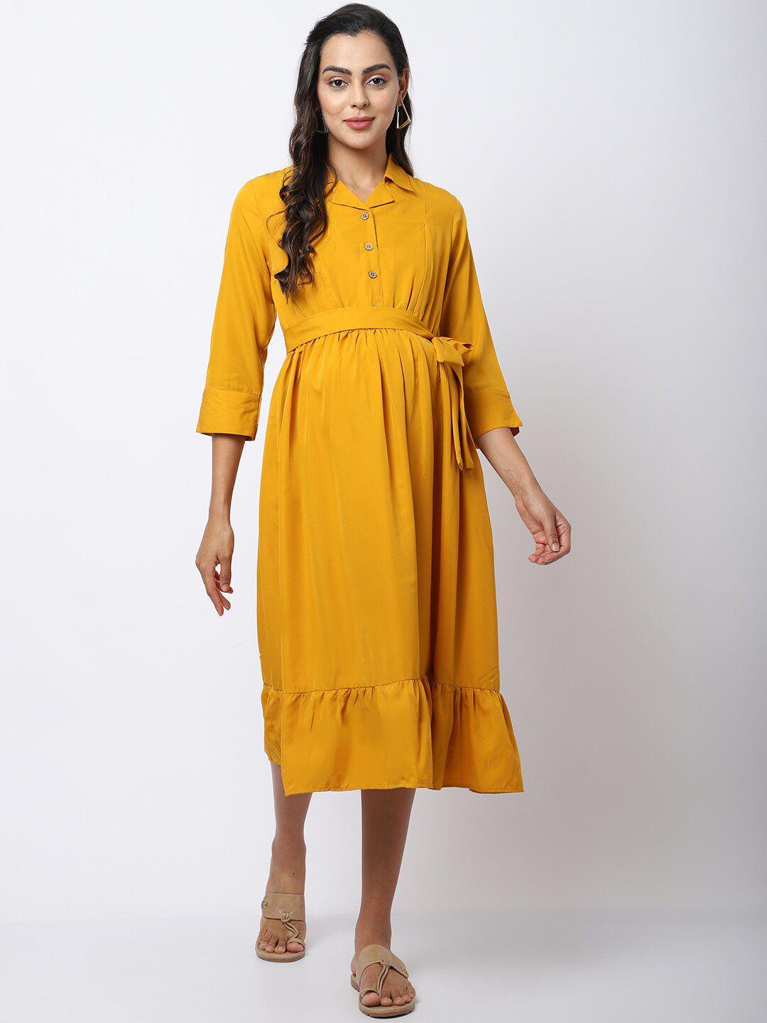 frempy yellow crepe maternity midi dress