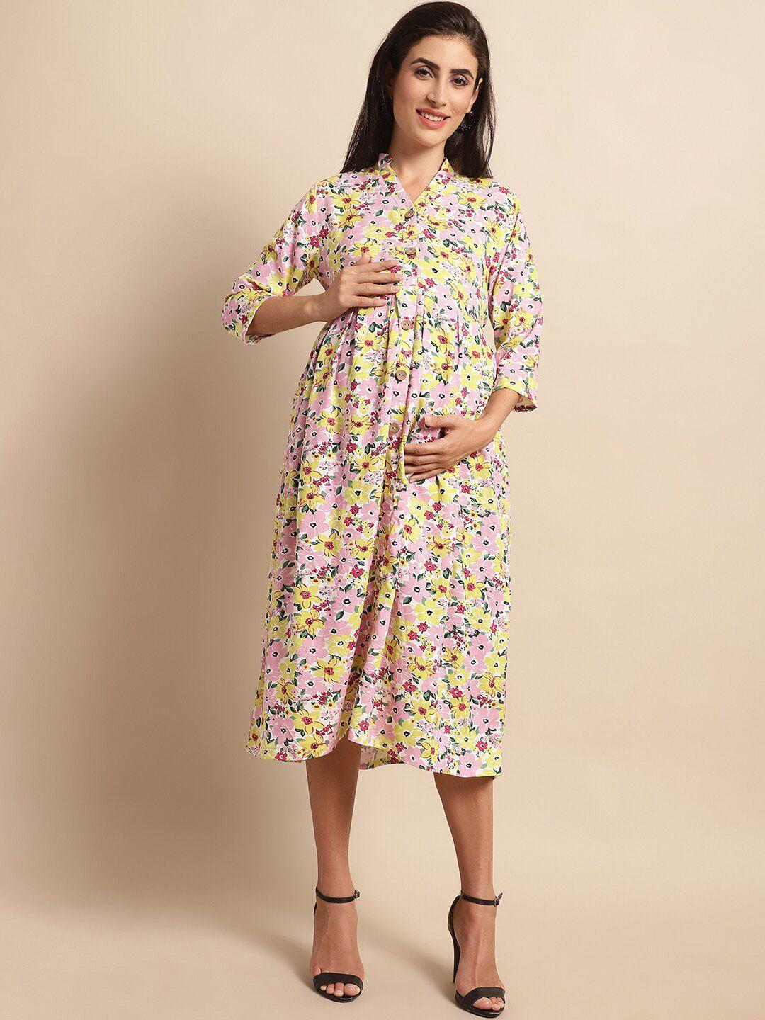 frempy yellow floral print maternity empire midi dress