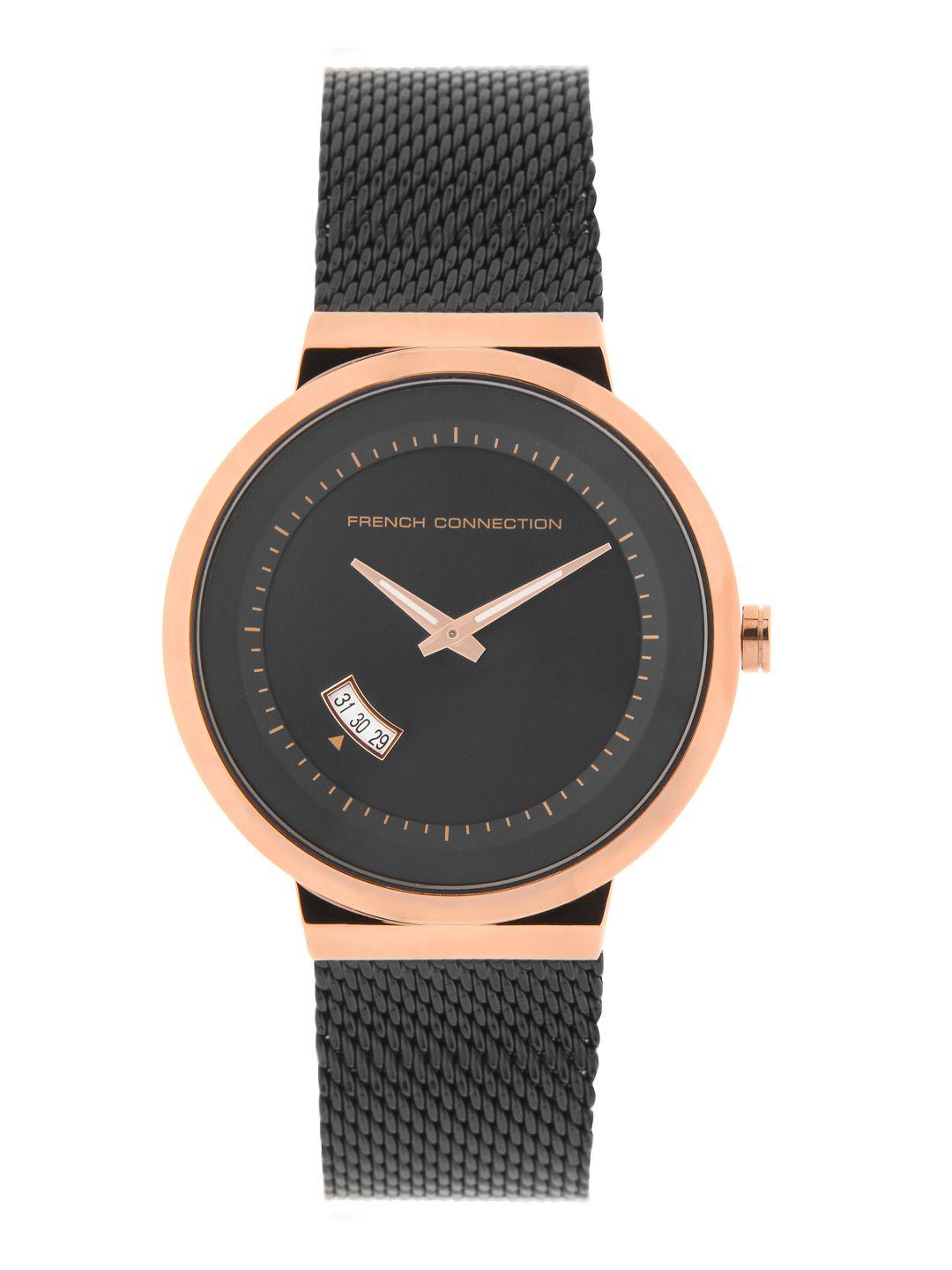 french connection men black & rose gold analogue watch