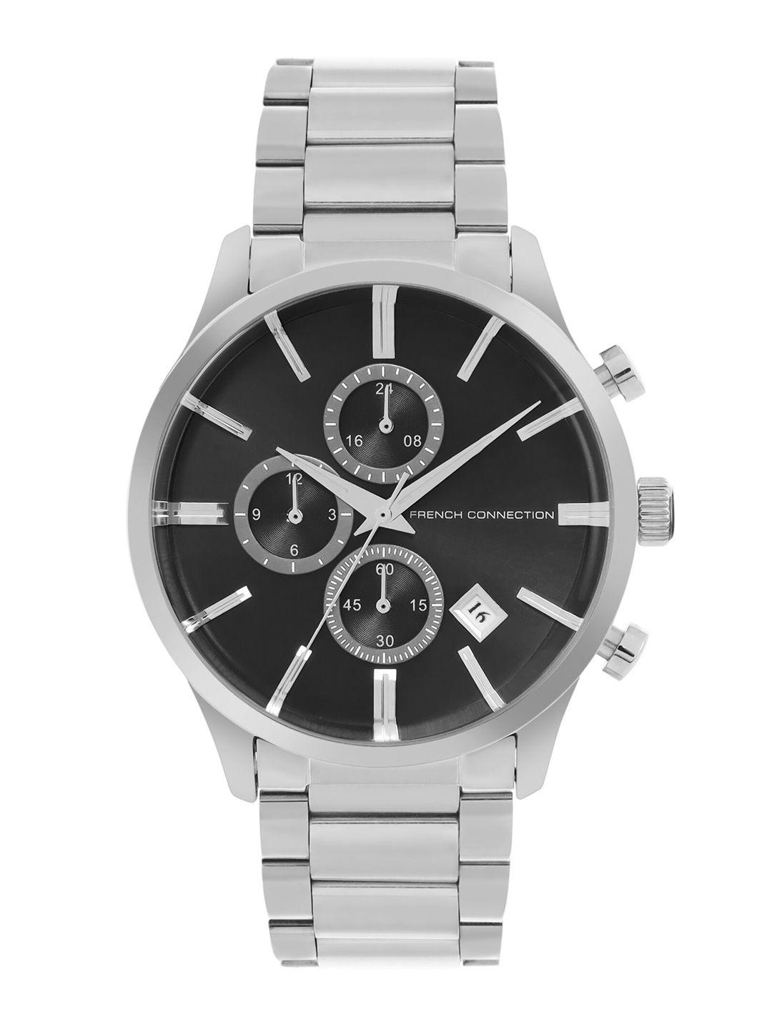 french connection men black dial & silver toned stainless steel bracelet style straps analogue watch