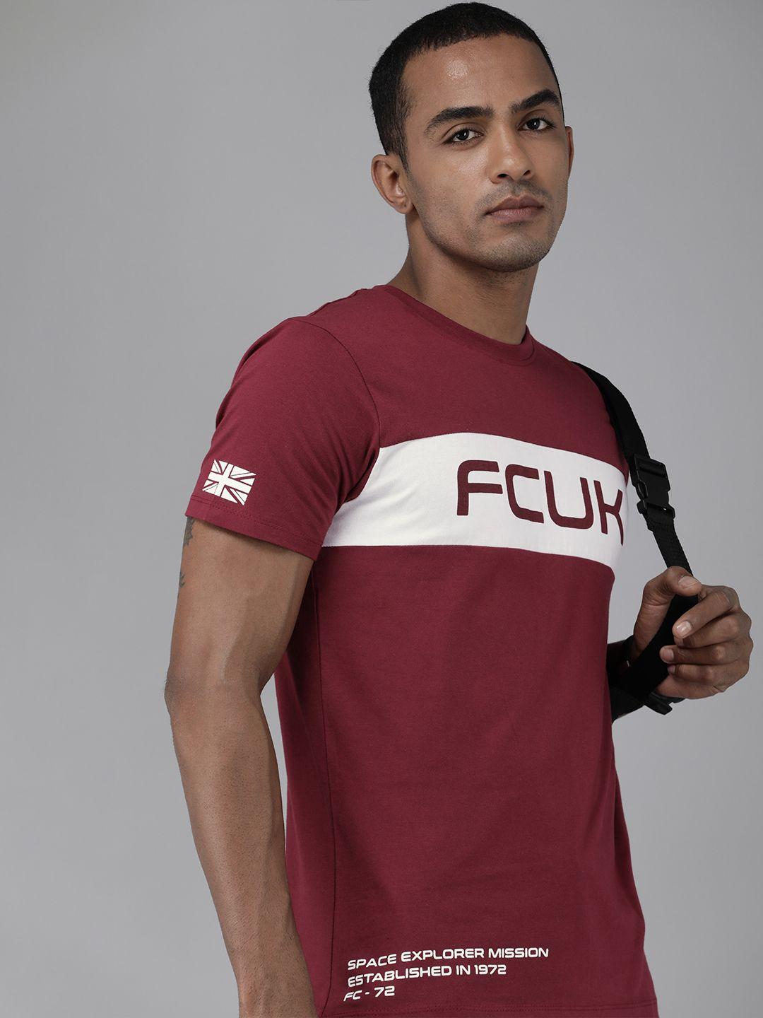 french connection men maroon & white printed slim fit pure cotton t-shirt