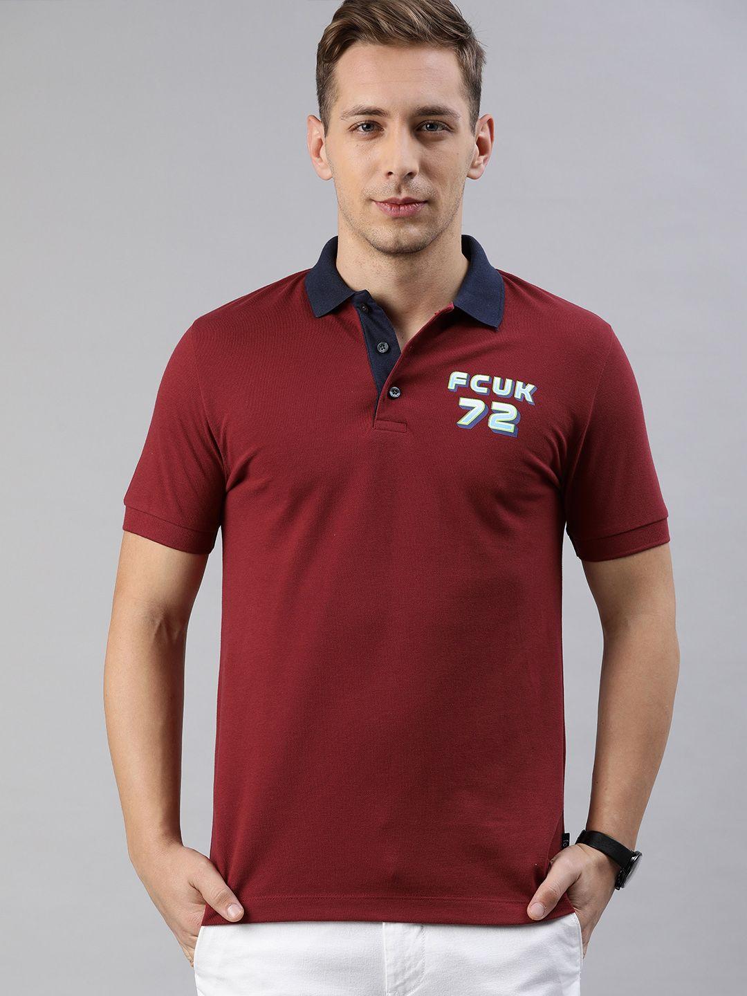 french connection men maroon slim fit solid contrast polo collar pure cotton t-shirt